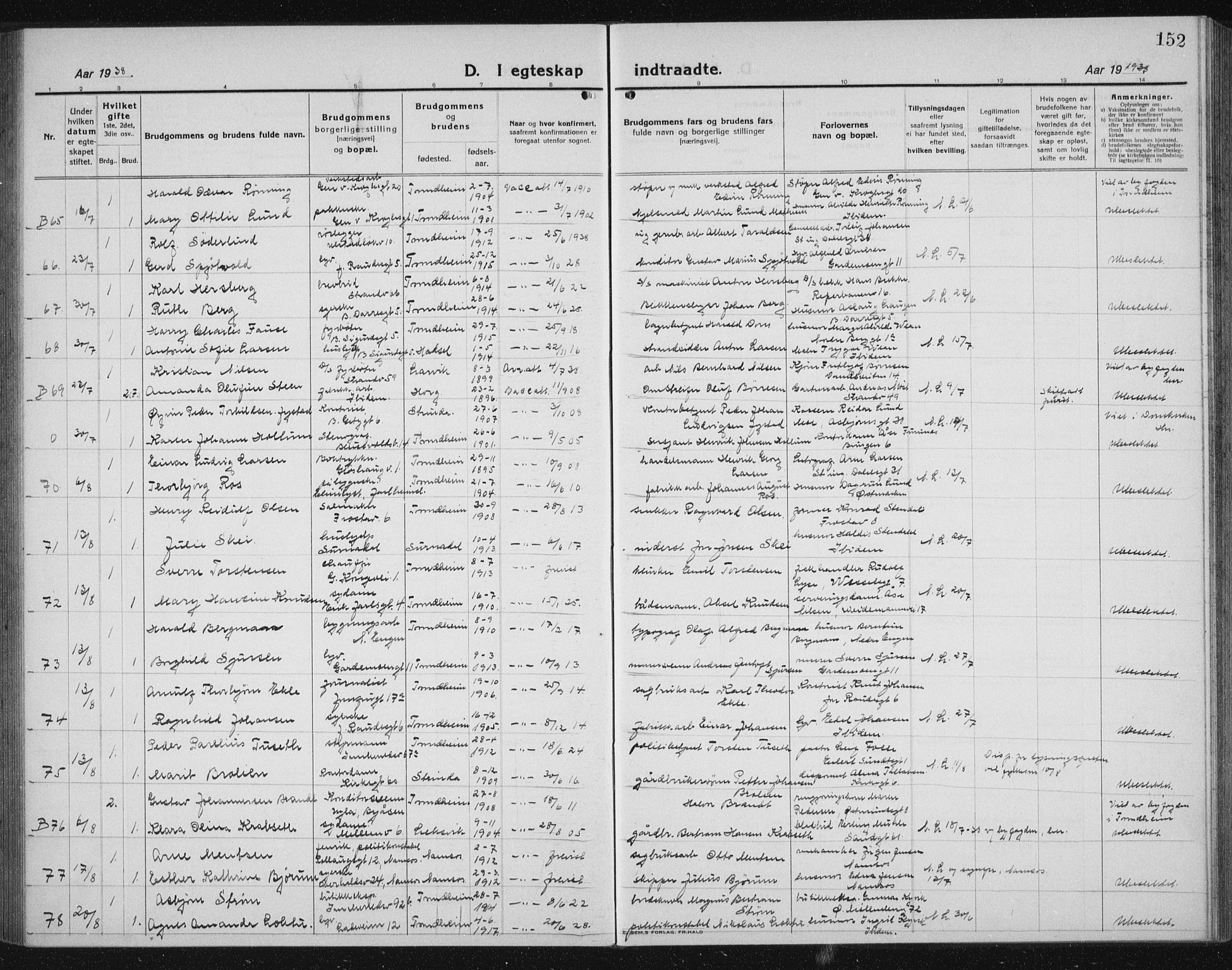 Ministerialprotokoller, klokkerbøker og fødselsregistre - Sør-Trøndelag, SAT/A-1456/605/L0260: Parish register (copy) no. 605C07, 1922-1942, p. 152