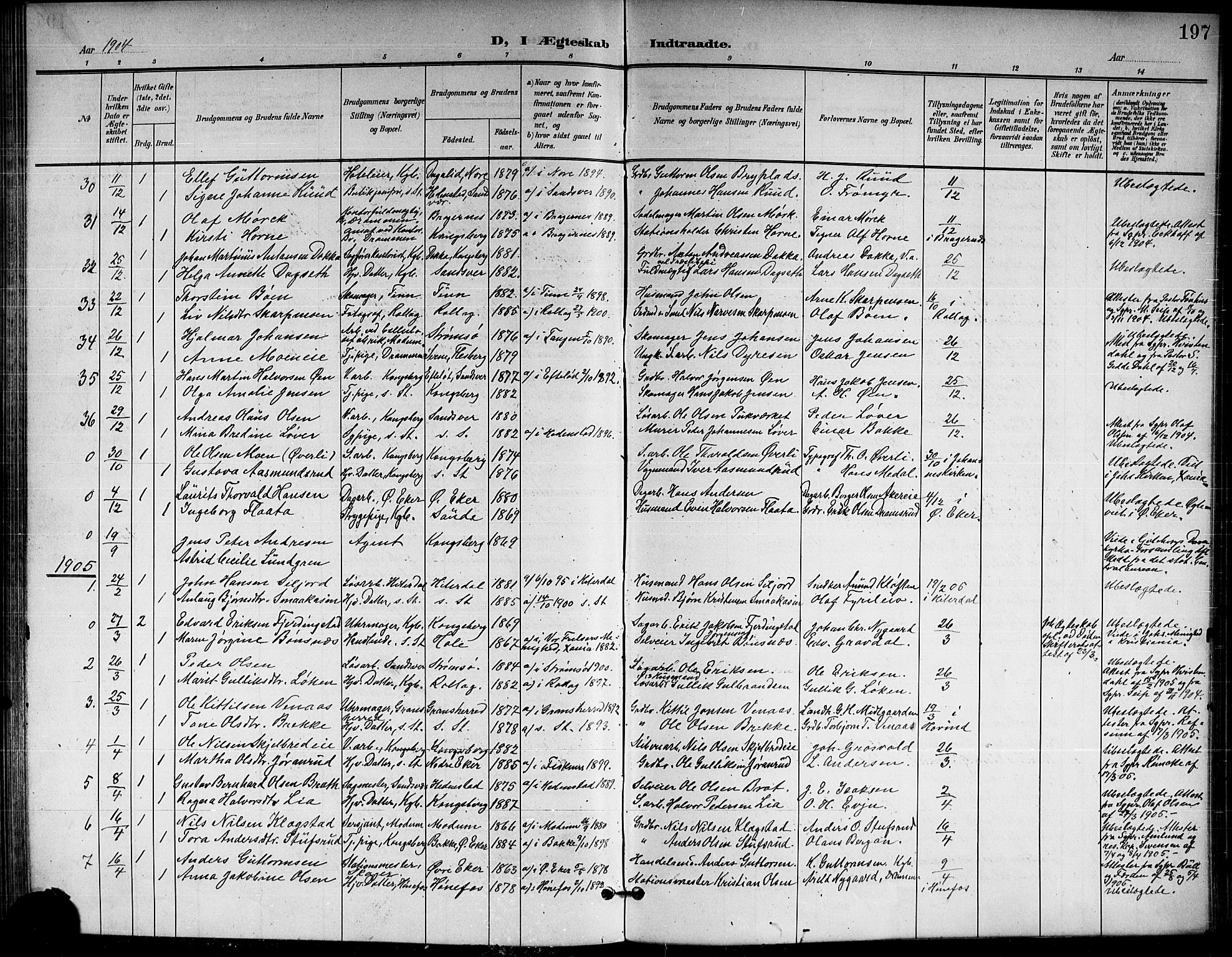 Kongsberg kirkebøker, AV/SAKO-A-22/G/Ga/L0007: Parish register (copy) no. 7, 1901-1915, p. 197