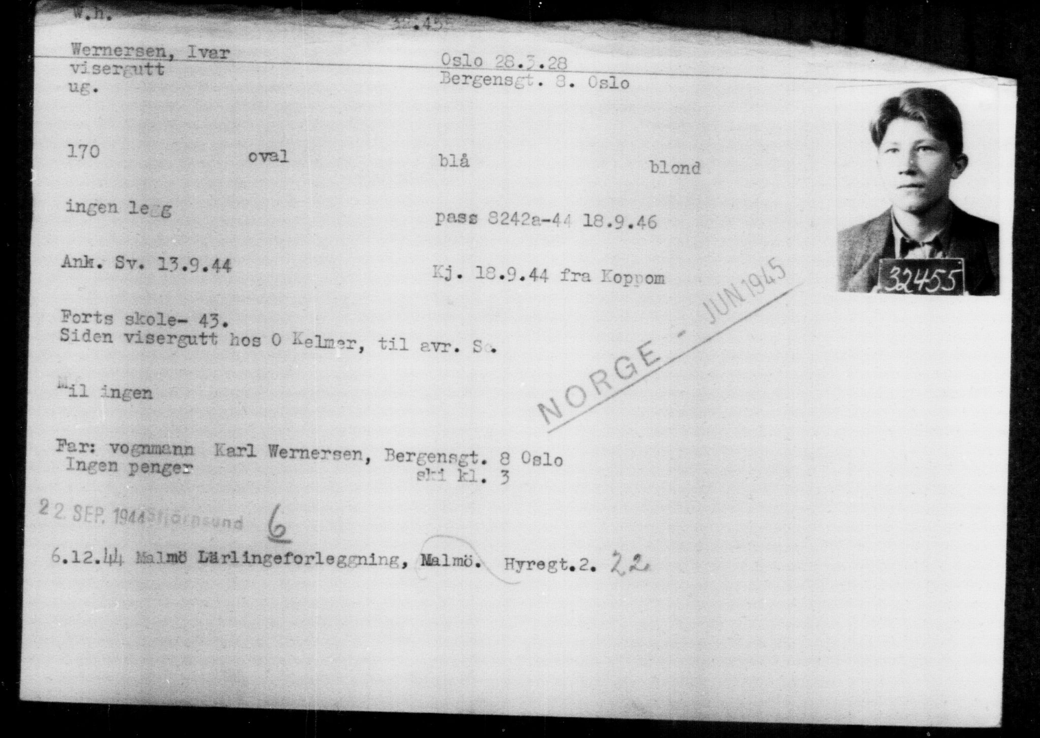 Utenriksstasjonene, Legasjonen i Stockholm, Flyktningkontoret, AV/RA-S-6753/V/Va/L0013: Kjesäterkartoteket, flyktninger med registreringsnr. 31500-34731, 1940-1945, p. 1009