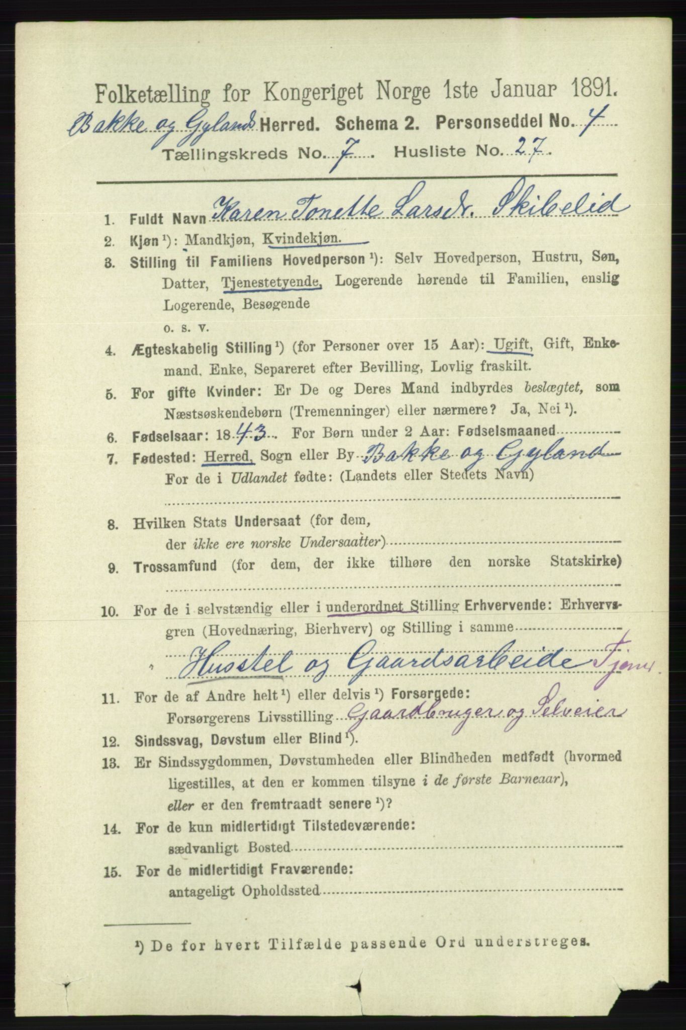 RA, 1891 census for 1045 Bakke, 1891, p. 1438