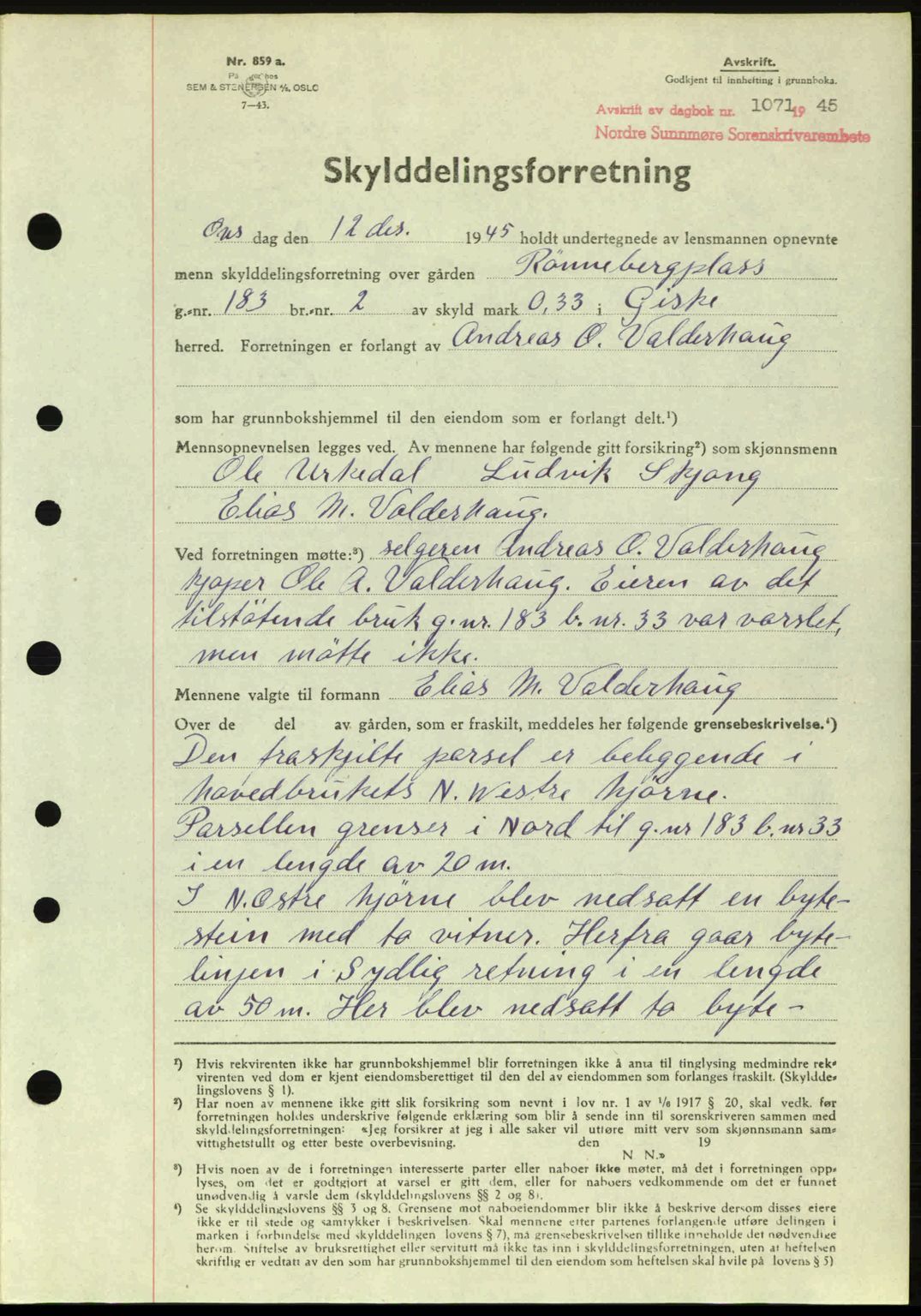 Nordre Sunnmøre sorenskriveri, AV/SAT-A-0006/1/2/2C/2Ca: Mortgage book no. A20a, 1945-1945, Diary no: : 1071/1945