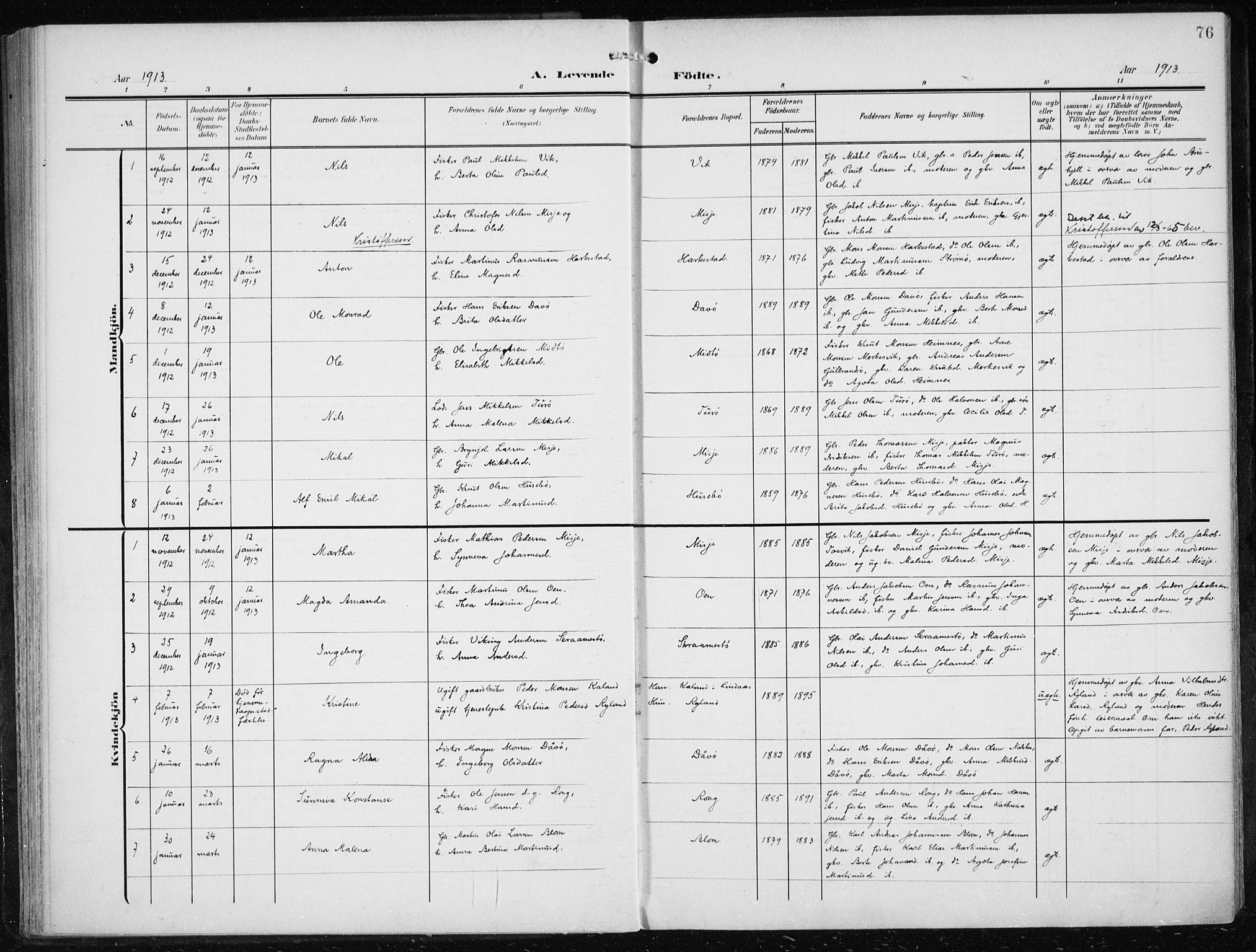 Herdla Sokneprestembete, AV/SAB-A-75701/H/Haa: Parish register (official) no. A 5, 1905-1918, p. 76