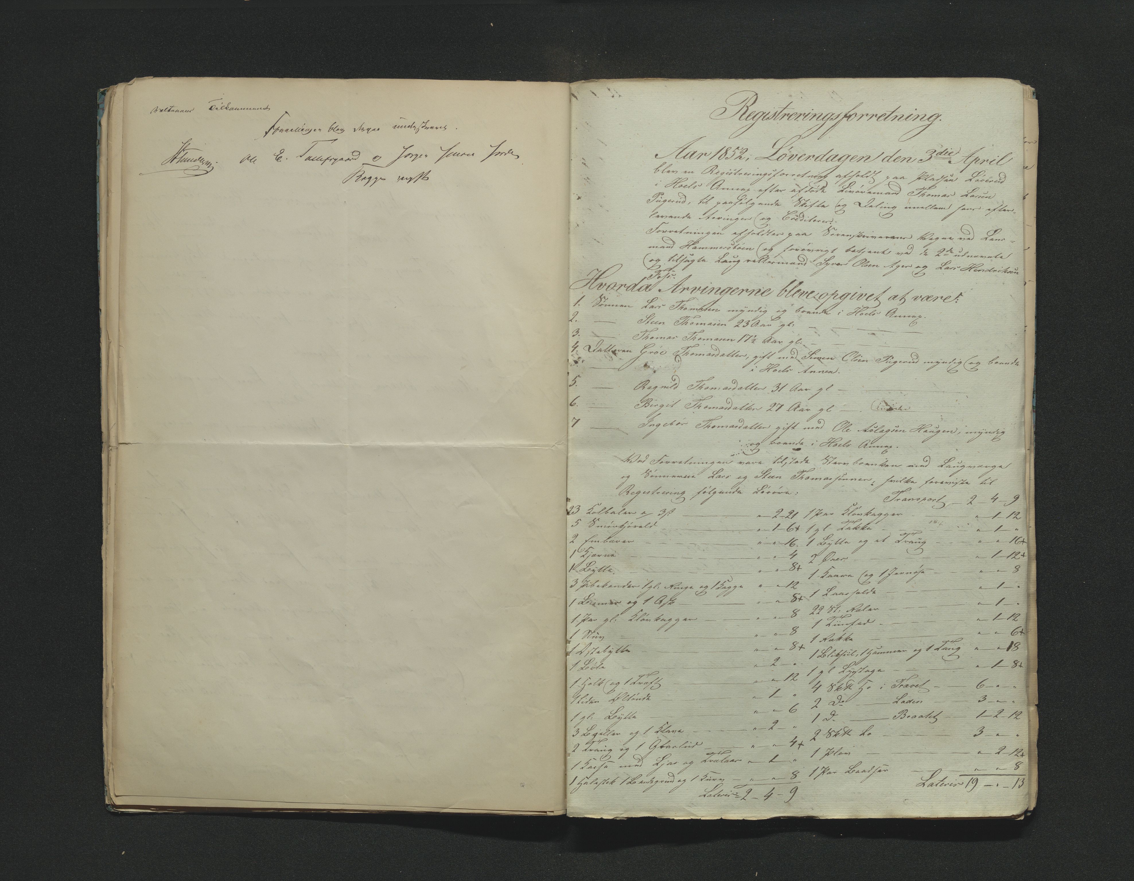 Hallingdal sorenskriveri, AV/SAKO-A-121/H/Hb/Hbb/Hbba/L0024: Skifteregistreringsprotokoll, Sorenskriveriet, 1852