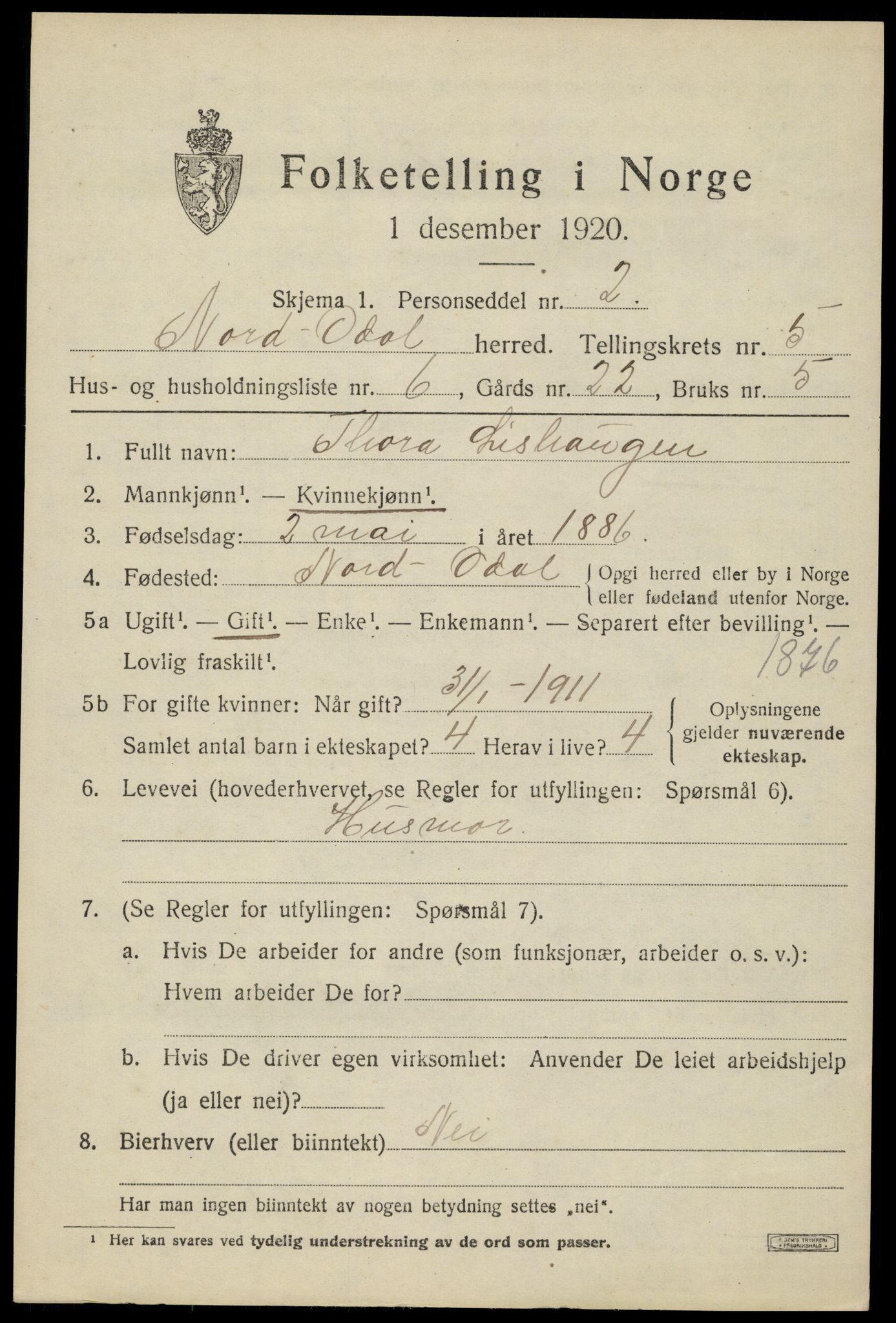 SAH, 1920 census for Nord-Odal, 1920, p. 5103