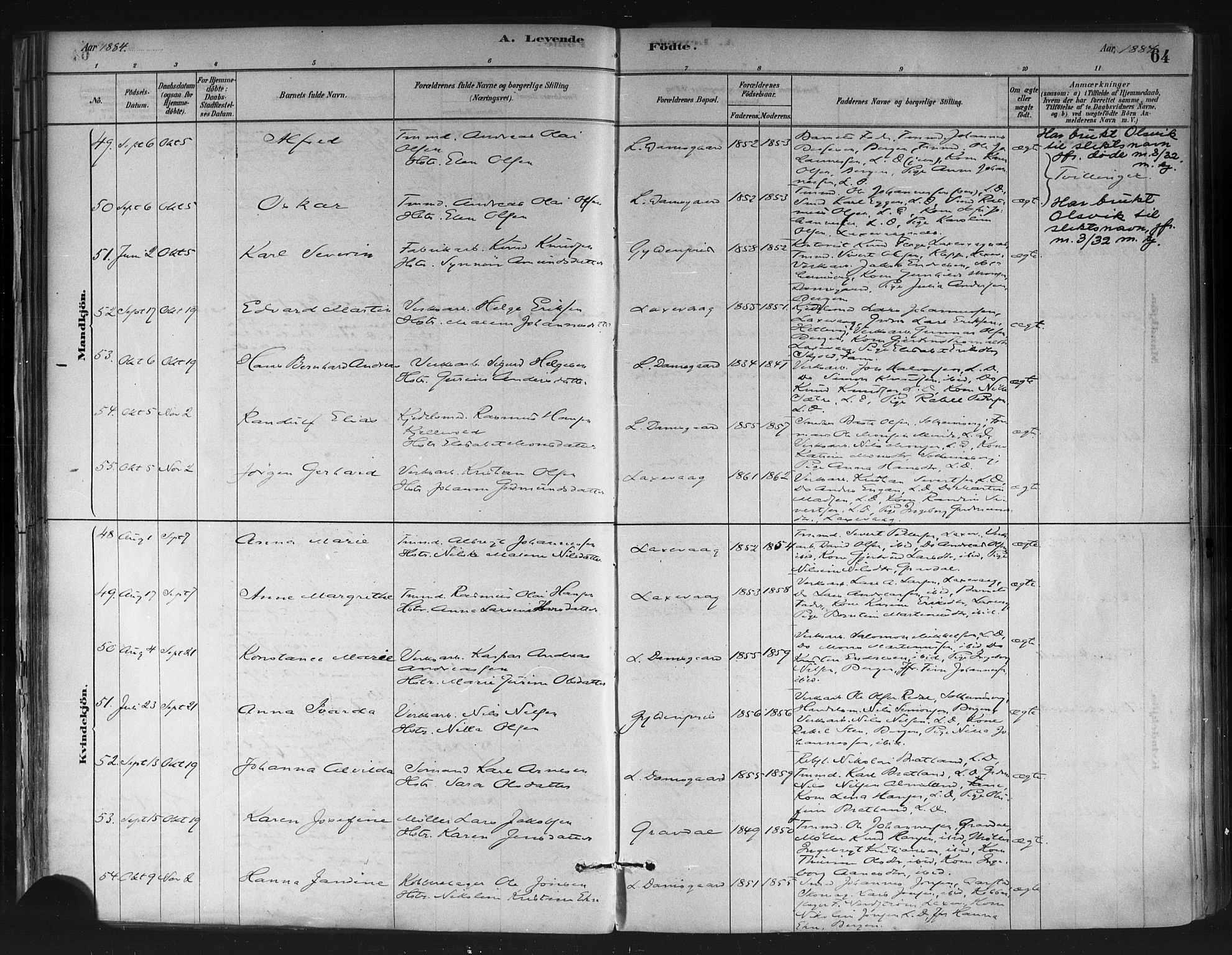 Askøy Sokneprestembete, AV/SAB-A-74101/H/Ha/Haa/Haae/L0002: Parish register (official) no. E 2, 1878-1891, p. 64