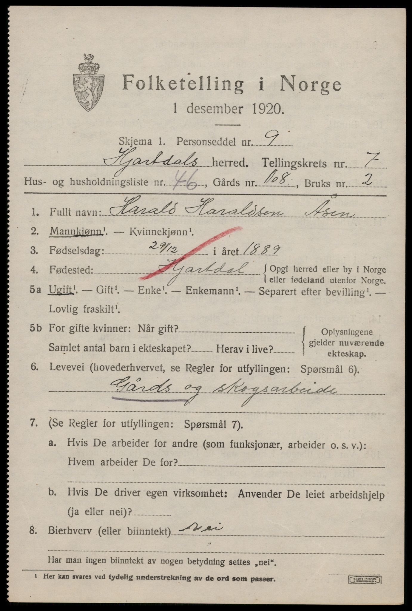 SAKO, 1920 census for Hjartdal, 1920, p. 5072