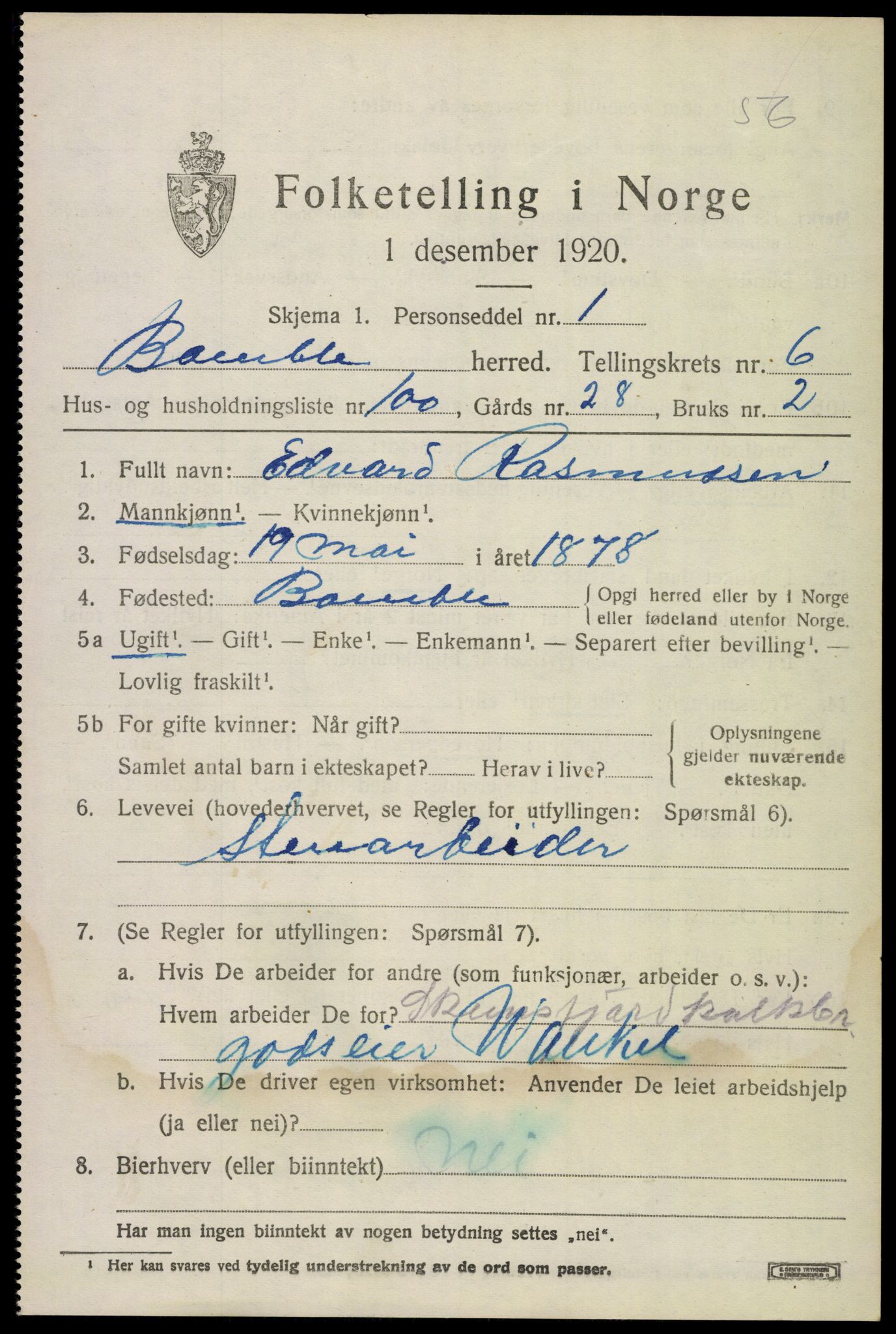 SAKO, 1920 census for Bamble, 1920, p. 6905