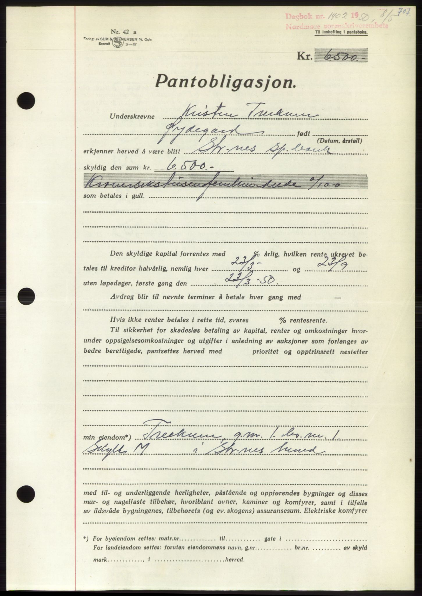 Nordmøre sorenskriveri, AV/SAT-A-4132/1/2/2Ca: Mortgage book no. B104, 1950-1950, Diary no: : 1402/1950