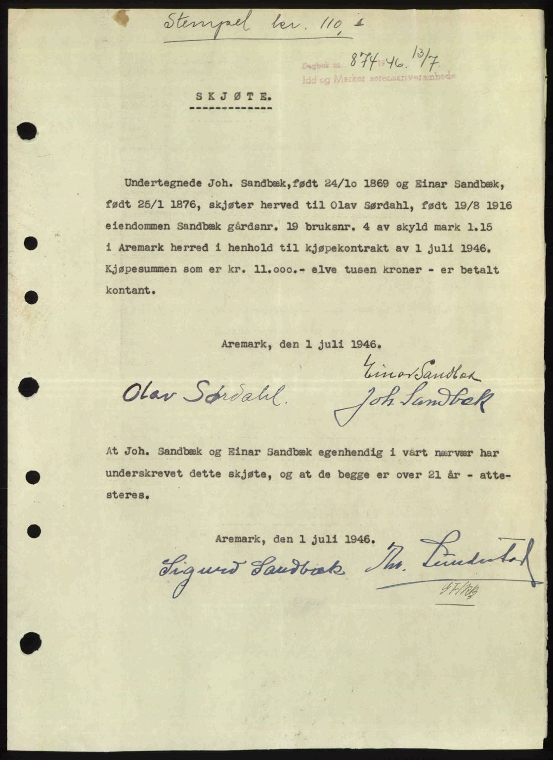 Idd og Marker sorenskriveri, AV/SAO-A-10283/G/Gb/Gbb/L0008: Mortgage book no. A8, 1946-1946, Diary no: : 874/1946