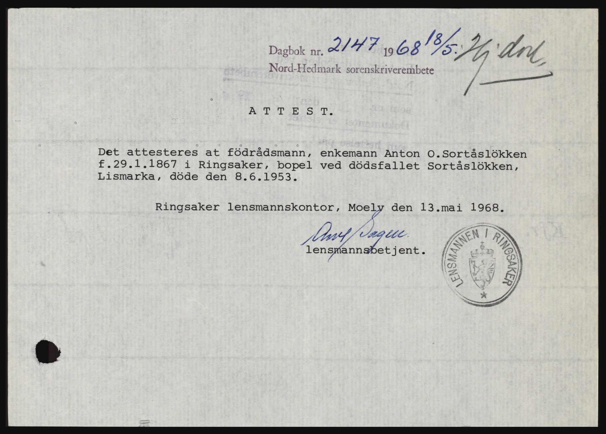Nord-Hedmark sorenskriveri, SAH/TING-012/H/Hc/L0028: Mortgage book no. 28, 1968-1968, Diary no: : 2147/1968