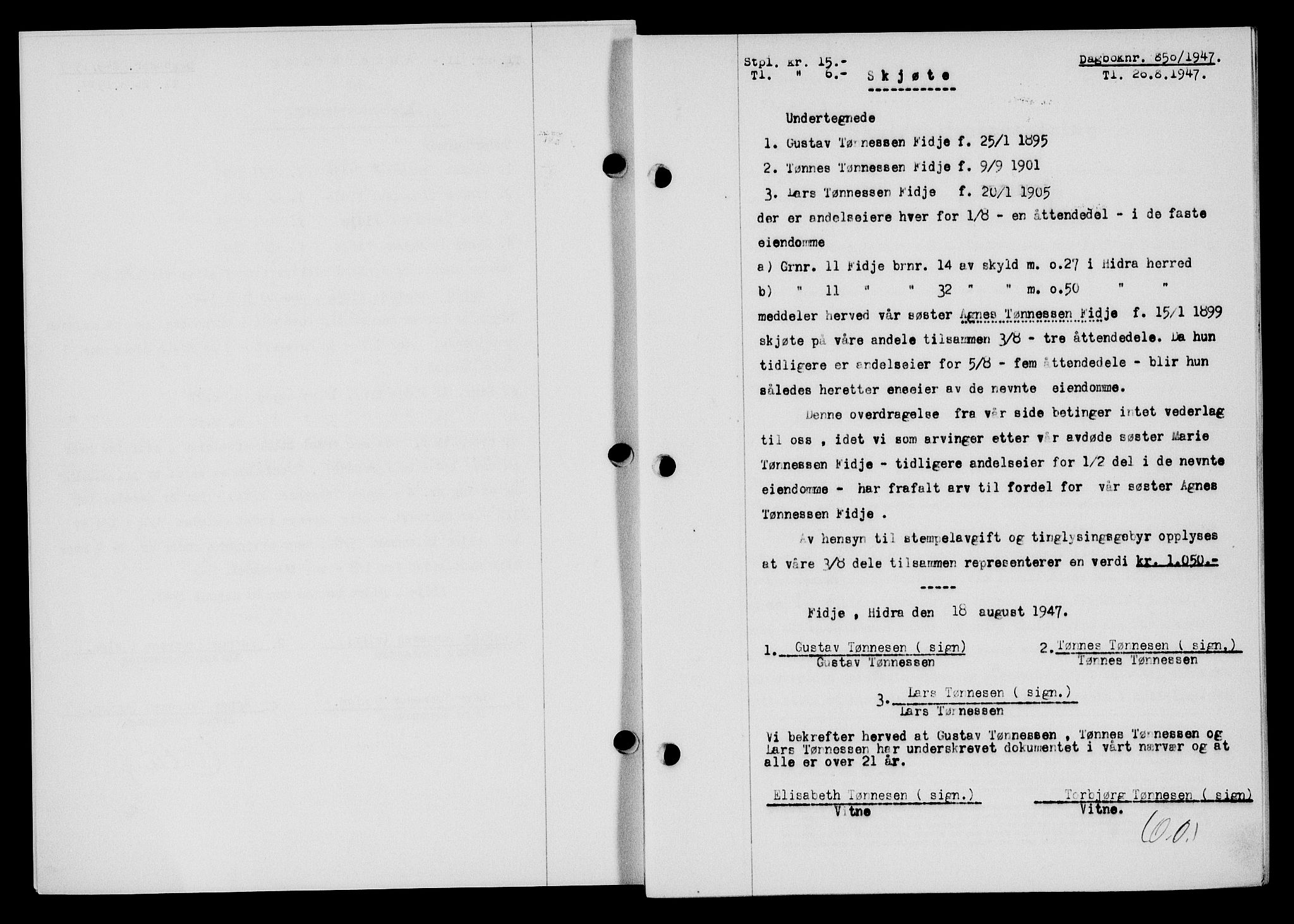 Flekkefjord sorenskriveri, SAK/1221-0001/G/Gb/Gba/L0062: Mortgage book no. A-10, 1947-1947, Diary no: : 850/1947