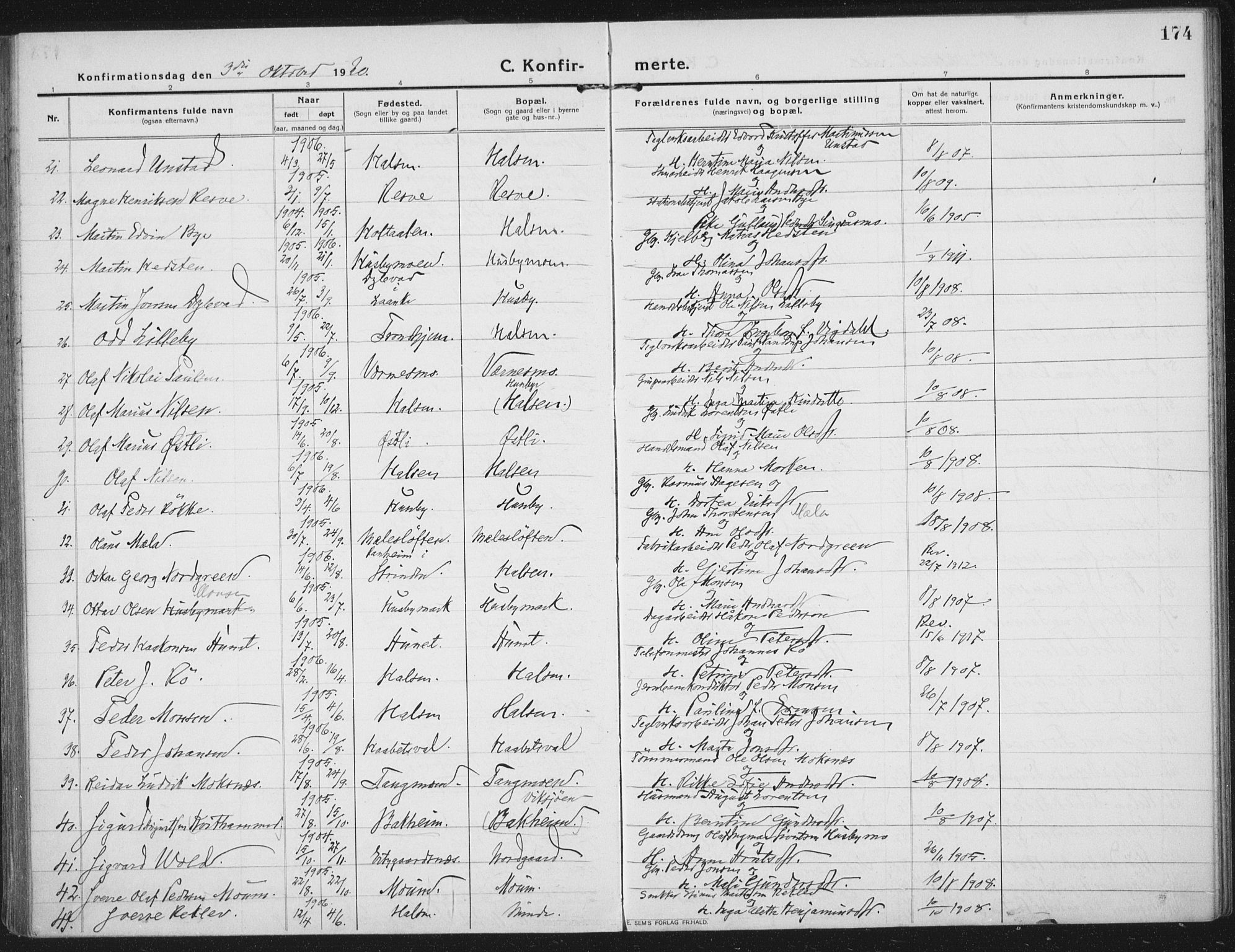 Ministerialprotokoller, klokkerbøker og fødselsregistre - Nord-Trøndelag, AV/SAT-A-1458/709/L0083: Parish register (official) no. 709A23, 1916-1928, p. 174