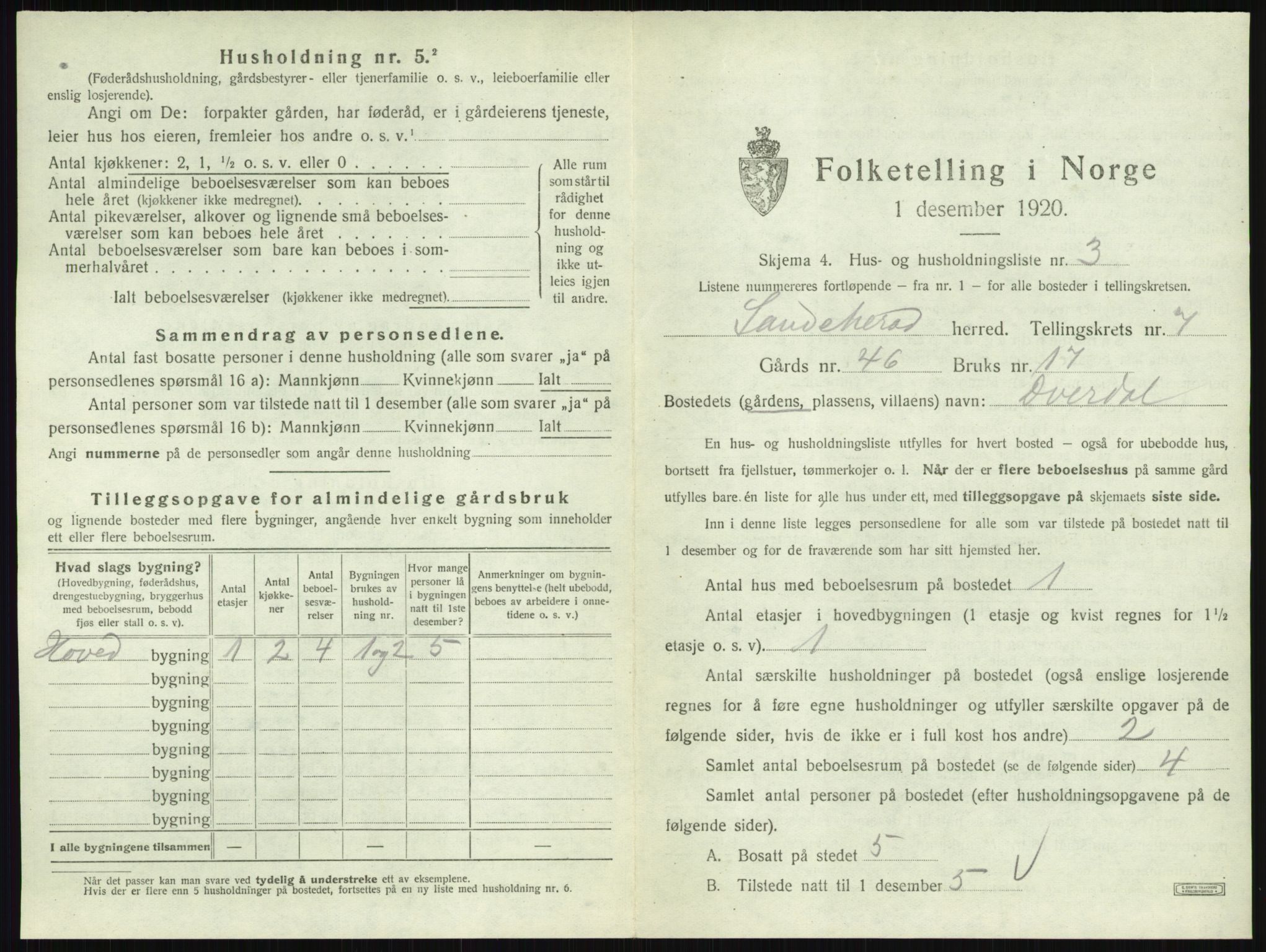 SAKO, 1920 census for Sandeherred, 1920, p. 1463