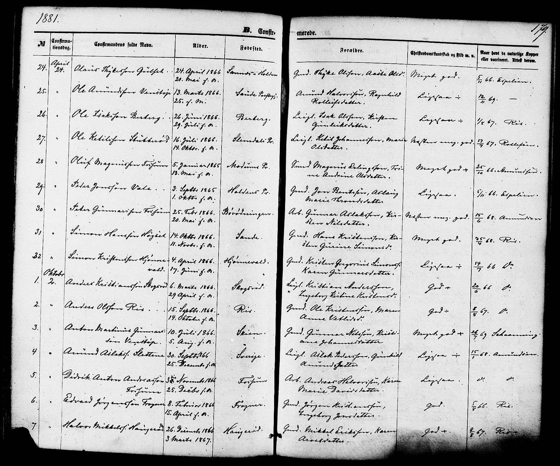 Gjerpen kirkebøker, SAKO/A-265/F/Fa/L0009: Parish register (official) no. I 9, 1872-1885, p. 179