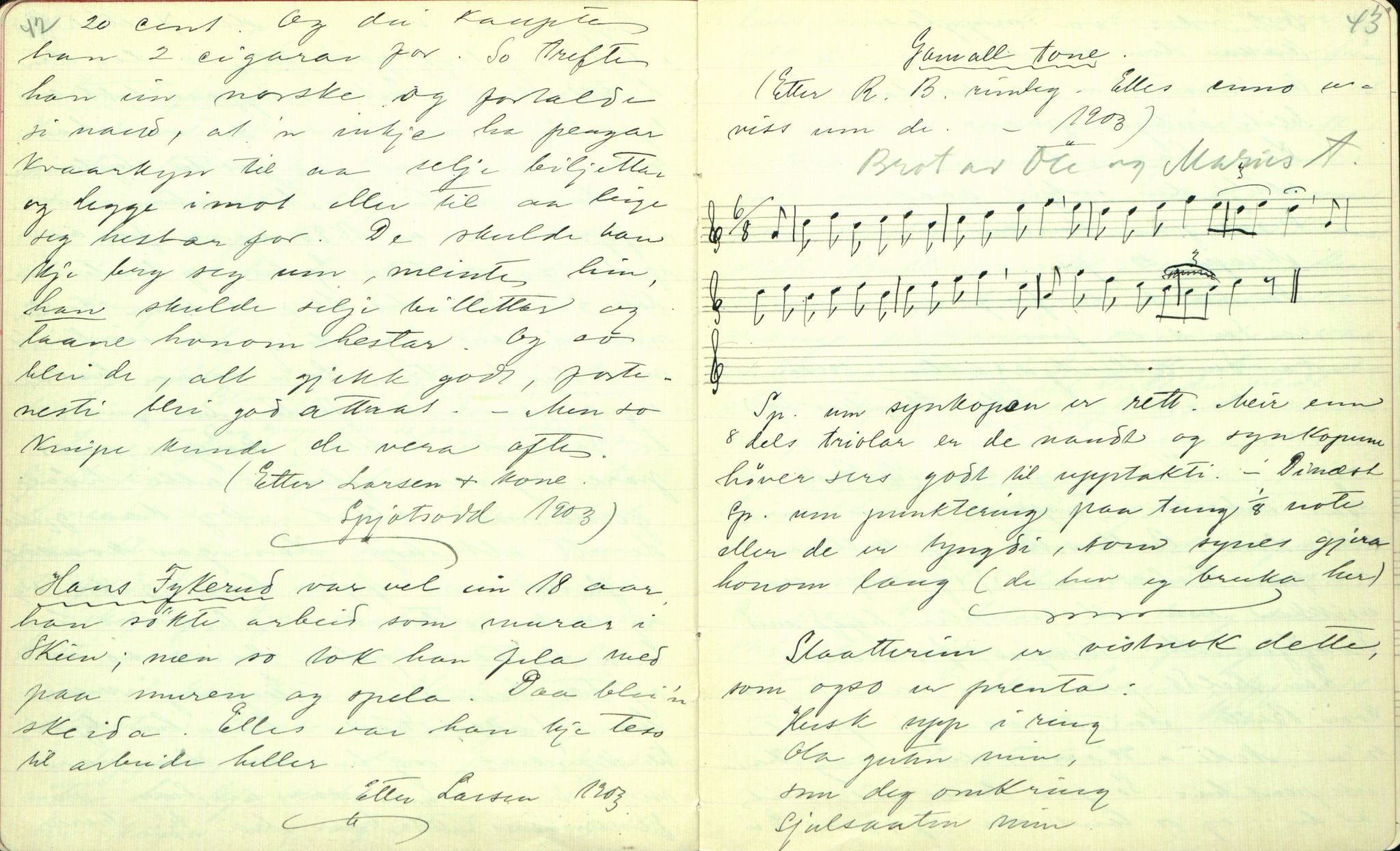 Rikard Berge, TEMU/TGM-A-1003/F/L0001/0028: 001-030 Innholdslister / 24. Musiksogu, 1903, p. 42-43