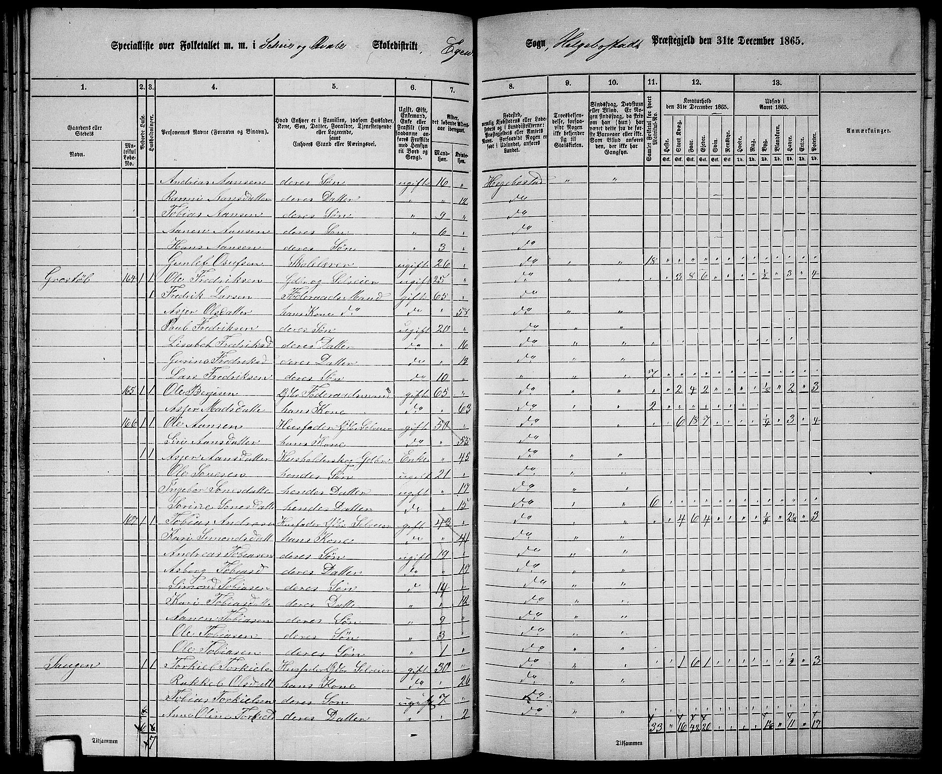 RA, 1865 census for Hægebostad, 1865, p. 61