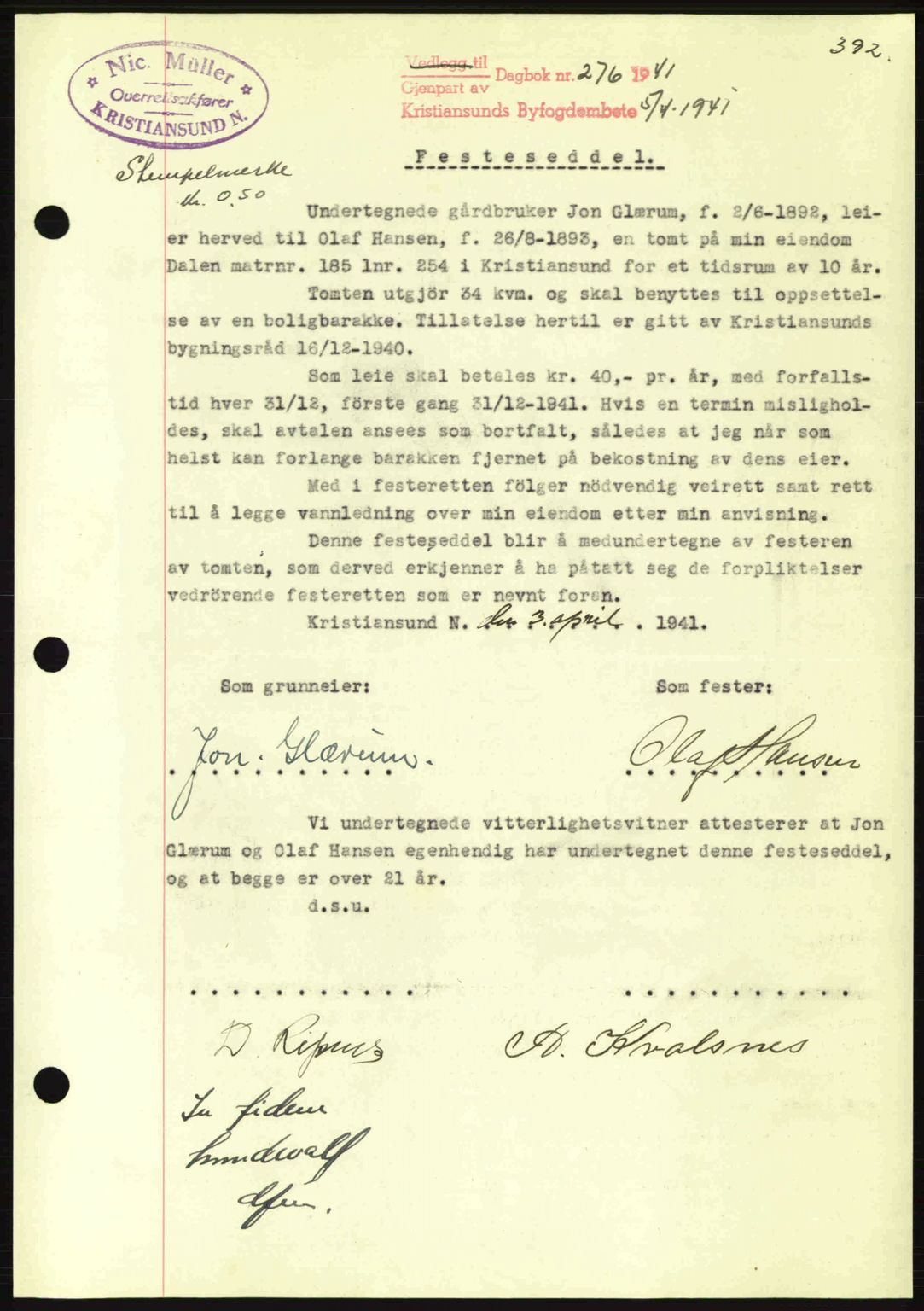 Kristiansund byfogd, SAT/A-4587/A/27: Mortgage book no. 33, 1939-1941, Diary no: : 276/1941