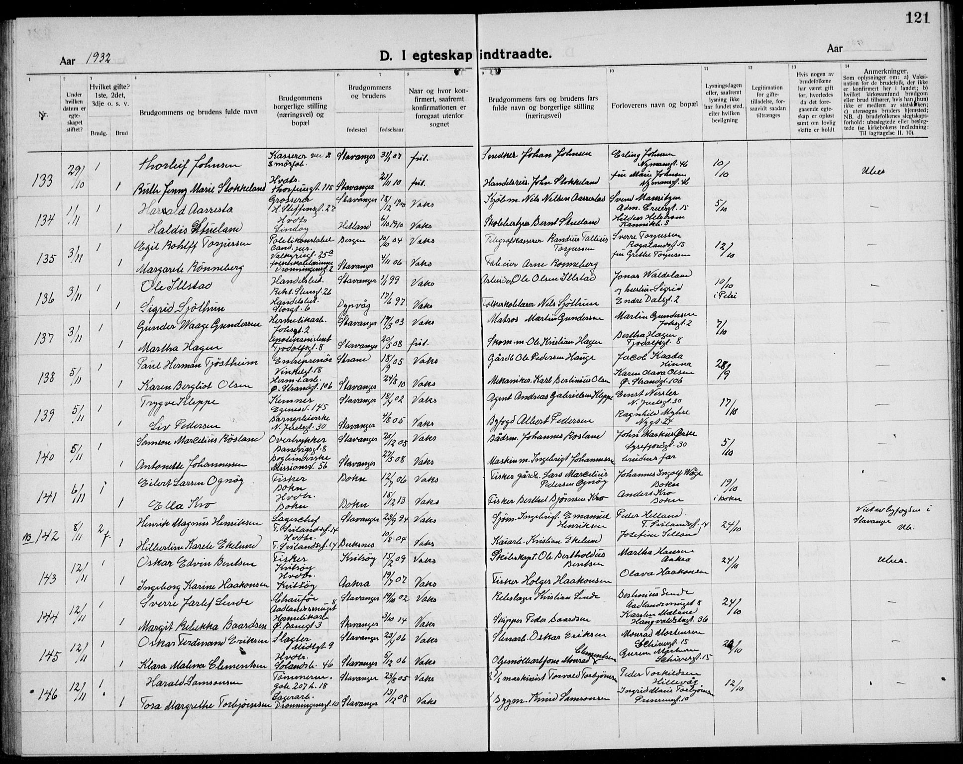 Domkirken sokneprestkontor, AV/SAST-A-101812/001/30/30BB/L0020: Parish register (copy) no. B 20, 1921-1937, p. 121