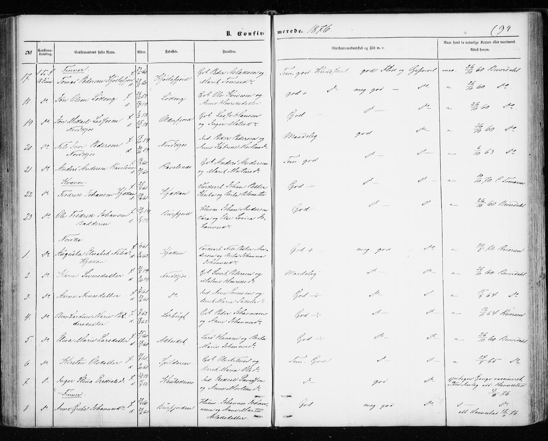 Skjervøy sokneprestkontor, AV/SATØ-S-1300/H/Ha/Haa/L0011kirke: Parish register (official) no. 11, 1861-1877, p. 94