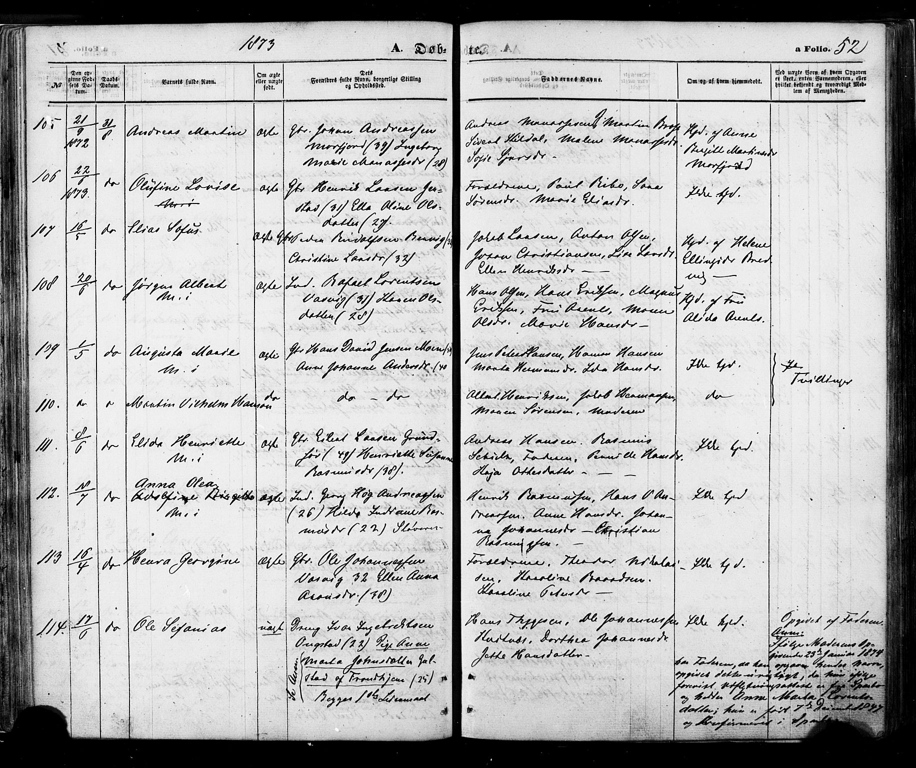 Ministerialprotokoller, klokkerbøker og fødselsregistre - Nordland, AV/SAT-A-1459/888/L1242: Parish register (official) no. 888A08, 1870-1875, p. 52