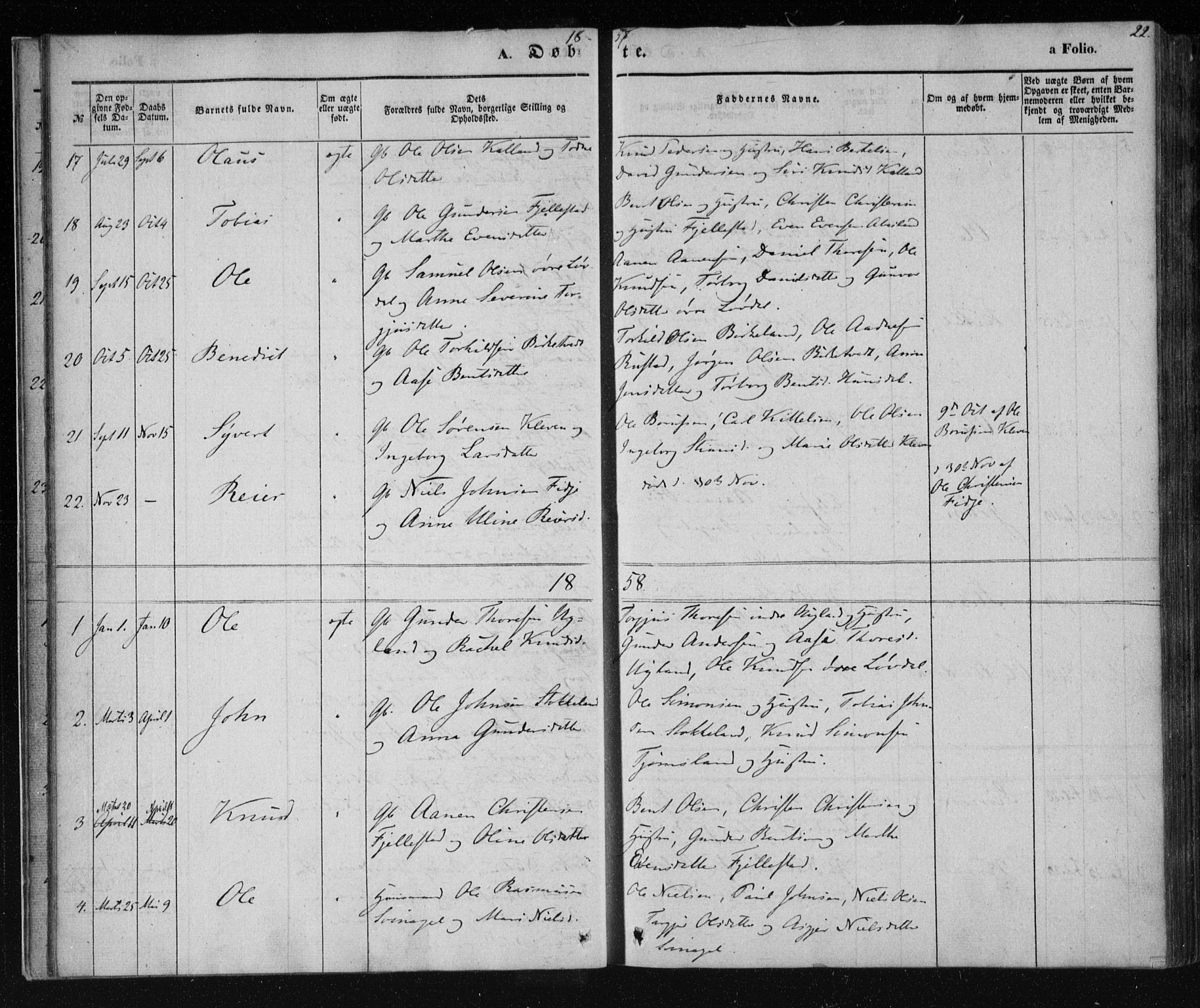 Holum sokneprestkontor, AV/SAK-1111-0022/F/Fa/Fab/L0005: Parish register (official) no. A 5, 1847-1874, p. 22