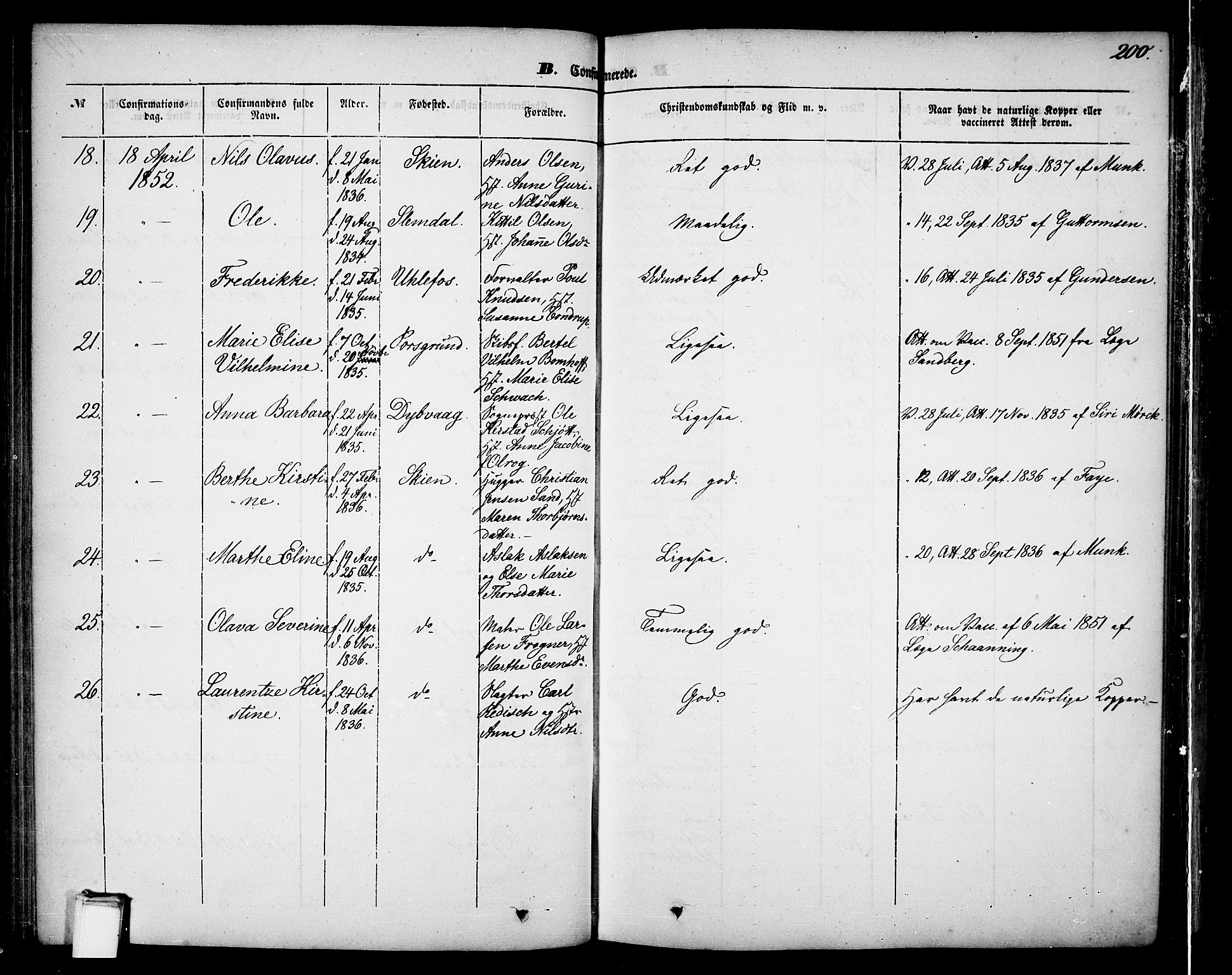 Skien kirkebøker, AV/SAKO-A-302/G/Ga/L0004: Parish register (copy) no. 4, 1843-1867, p. 200