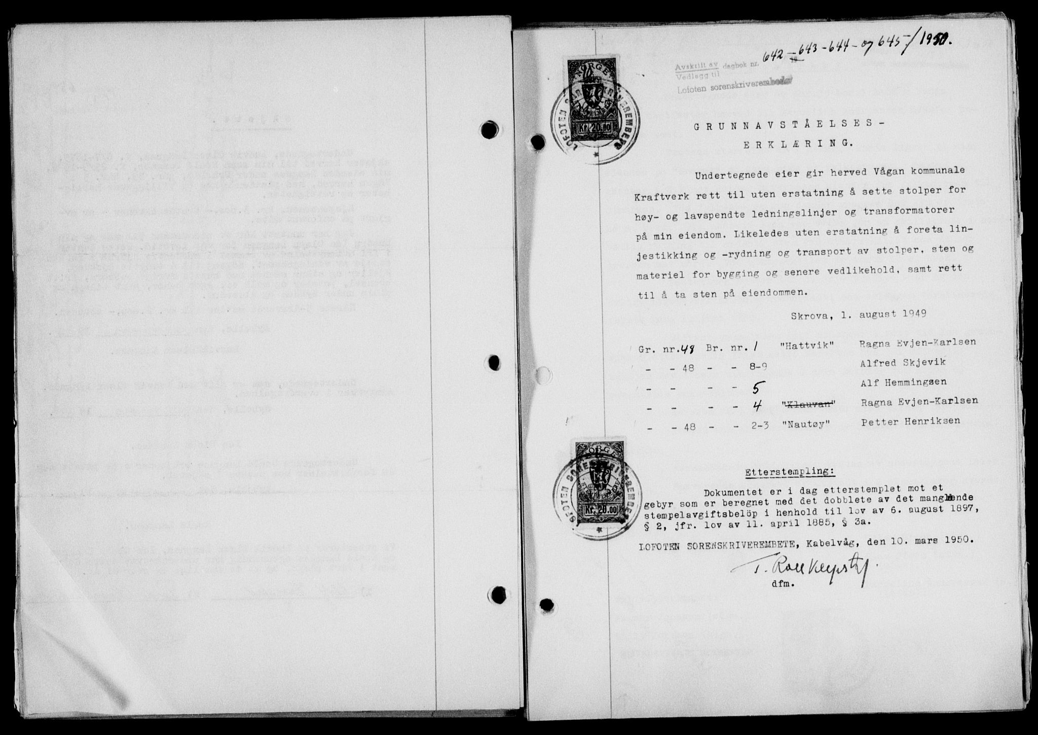 Lofoten sorenskriveri, SAT/A-0017/1/2/2C/L0023a: Mortgage book no. 23a, 1950-1950, Diary no: : 642/1950