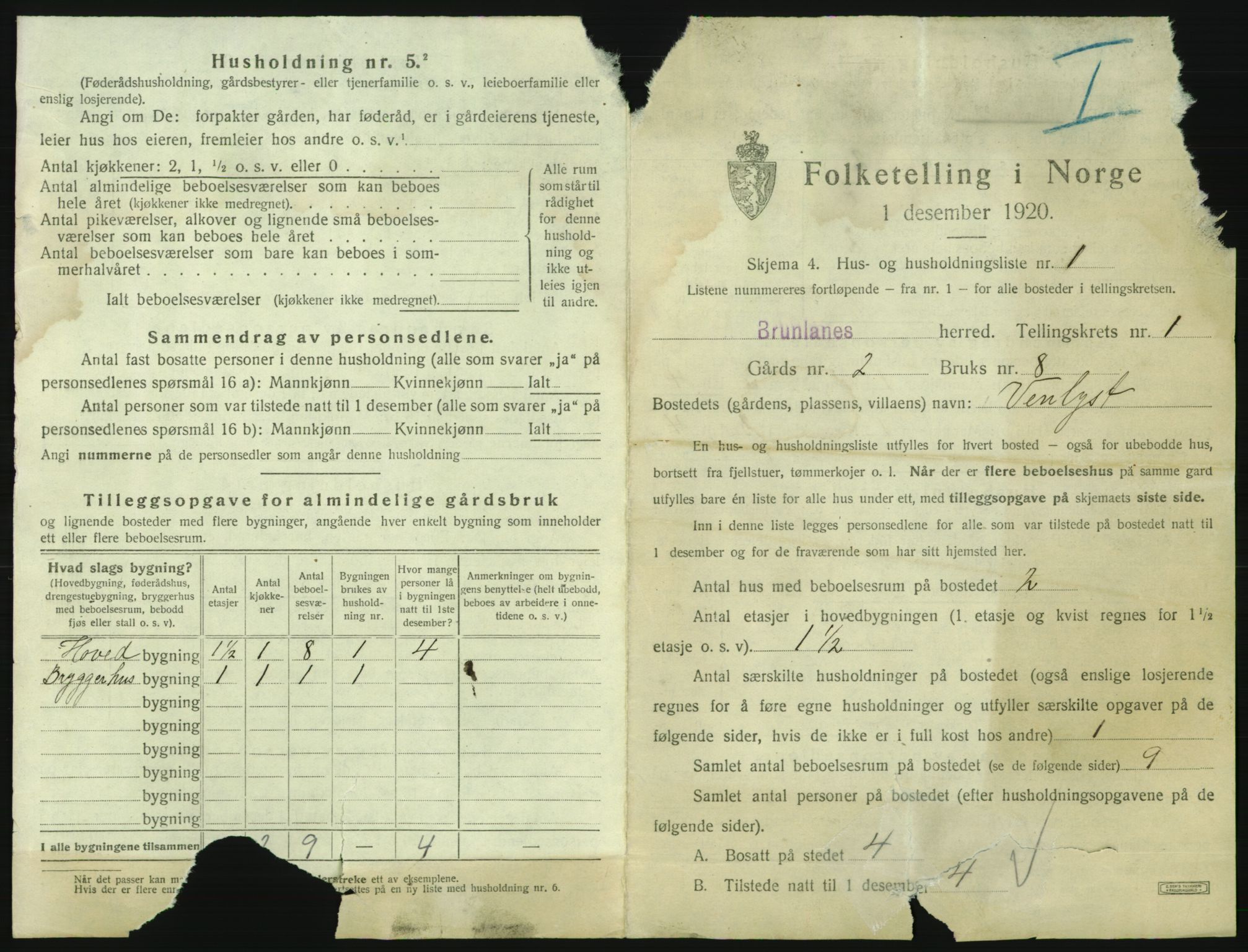 SAKO, 1920 census for Brunlanes, 1920, p. 61