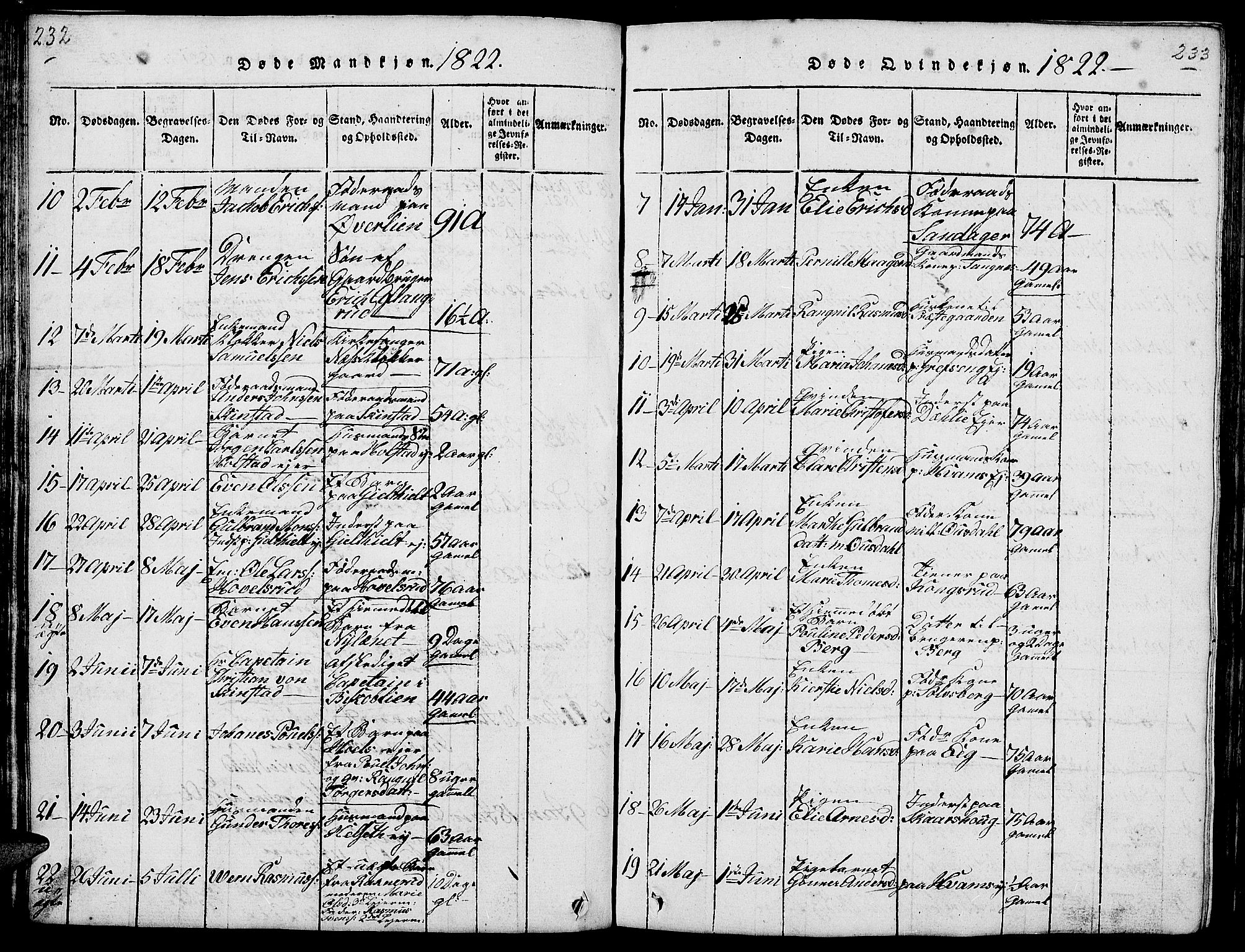 Nes prestekontor, Hedmark, AV/SAH-PREST-020/L/La/L0003: Parish register (copy) no. 3, 1814-1831, p. 232-233