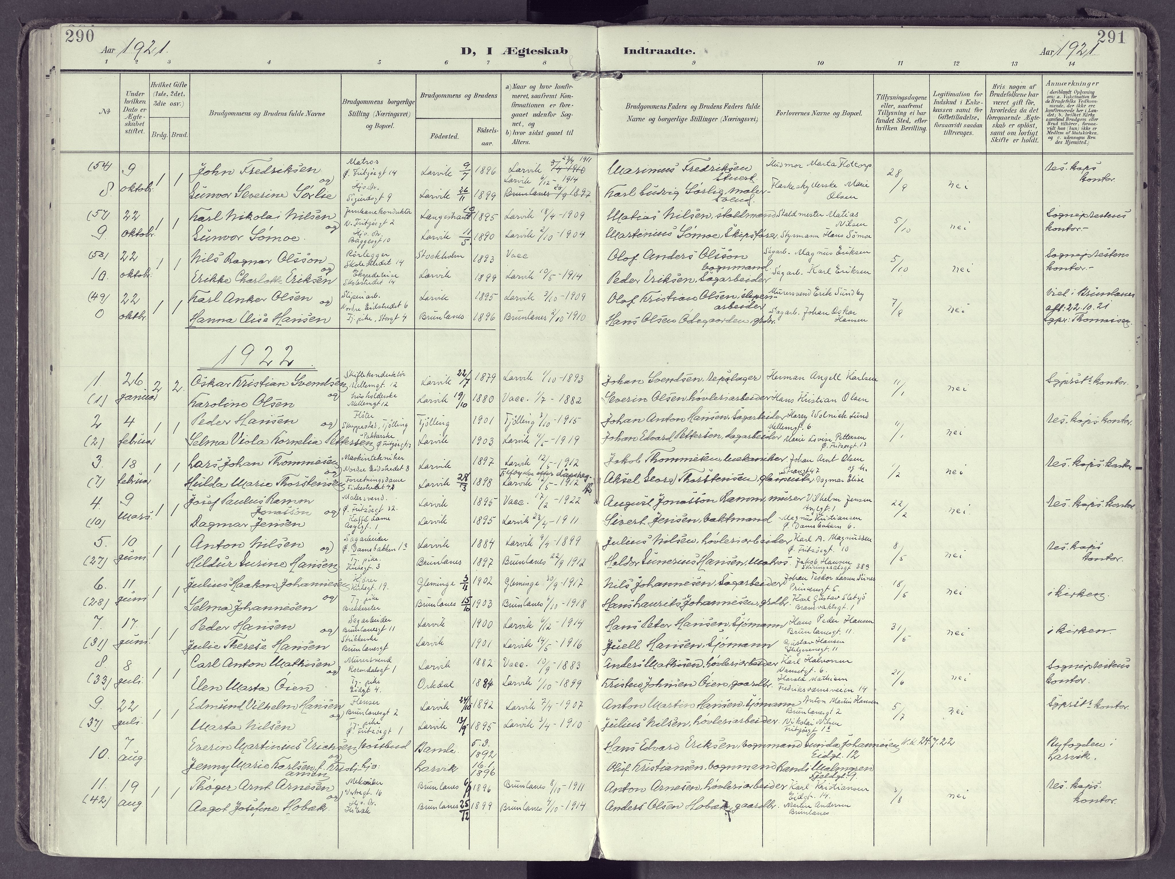 Larvik kirkebøker, SAKO/A-352/F/Fb/L0005: Parish register (official) no. II 5, 1903-1925, p. 290-291