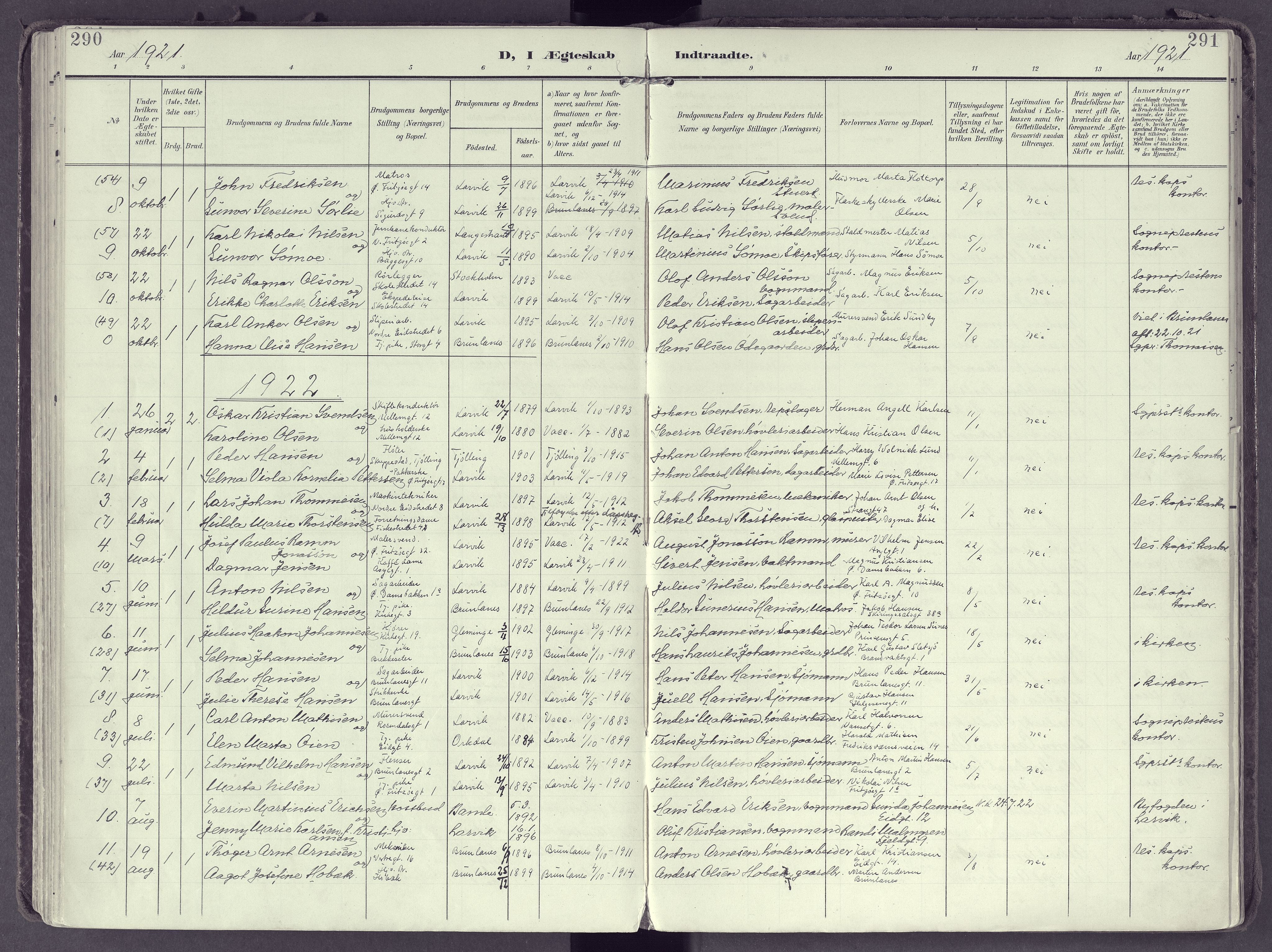 Larvik kirkebøker, AV/SAKO-A-352/F/Fb/L0005: Parish register (official) no. II 5, 1903-1925, p. 290-291