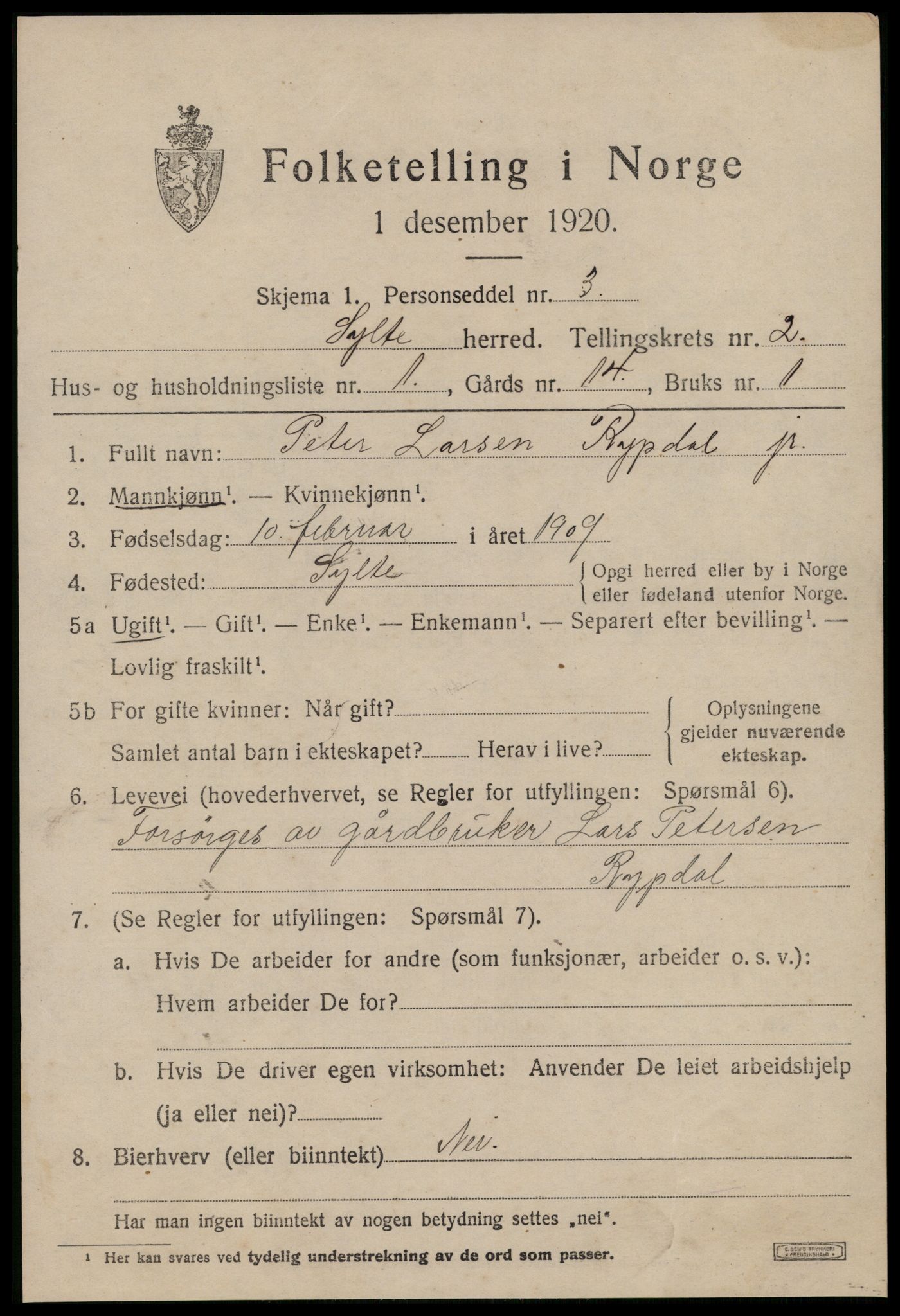 SAT, 1920 census for Sylte, 1920, p. 1185