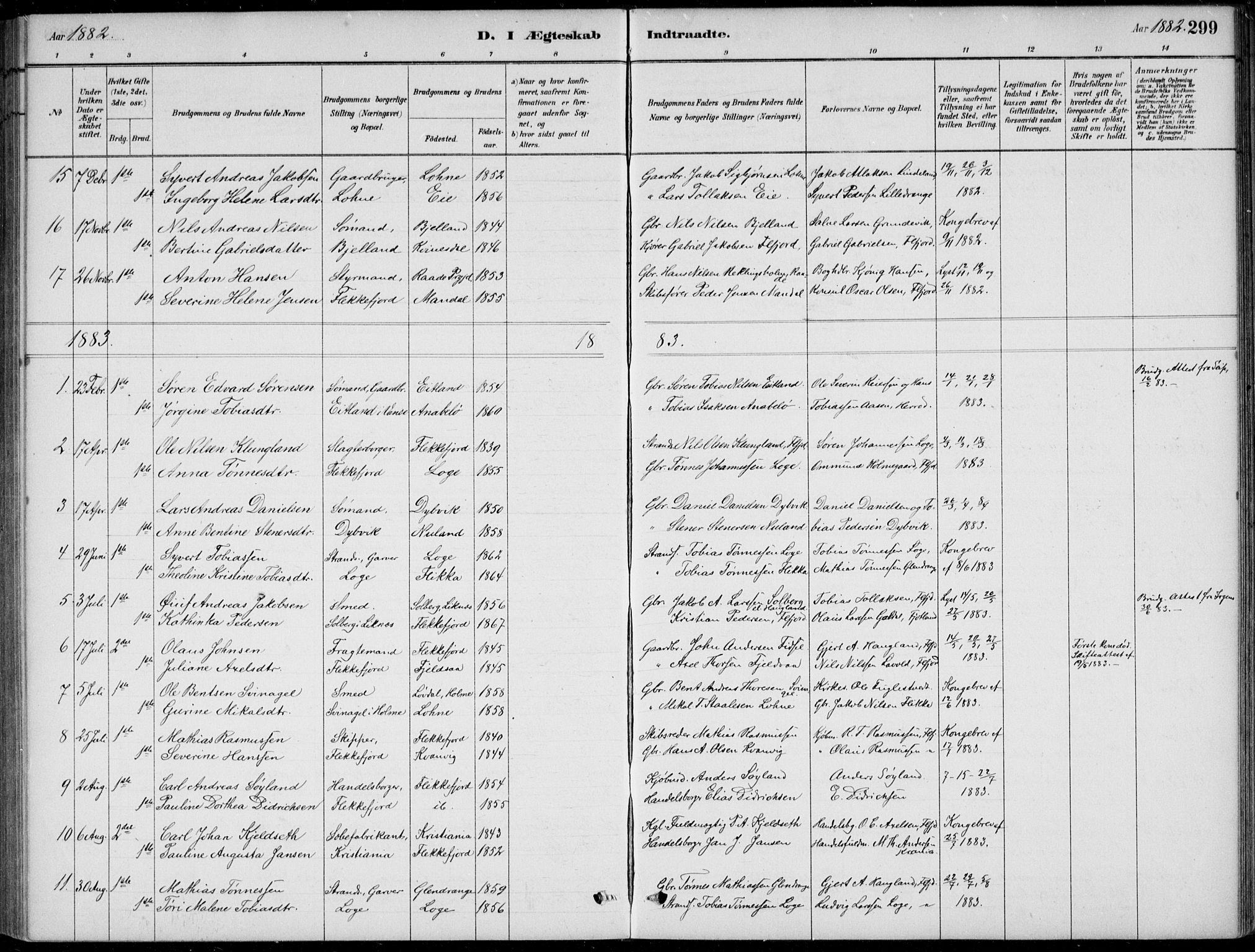 Flekkefjord sokneprestkontor, SAK/1111-0012/F/Fb/Fbc/L0007: Parish register (copy) no. B 7, 1880-1902, p. 299