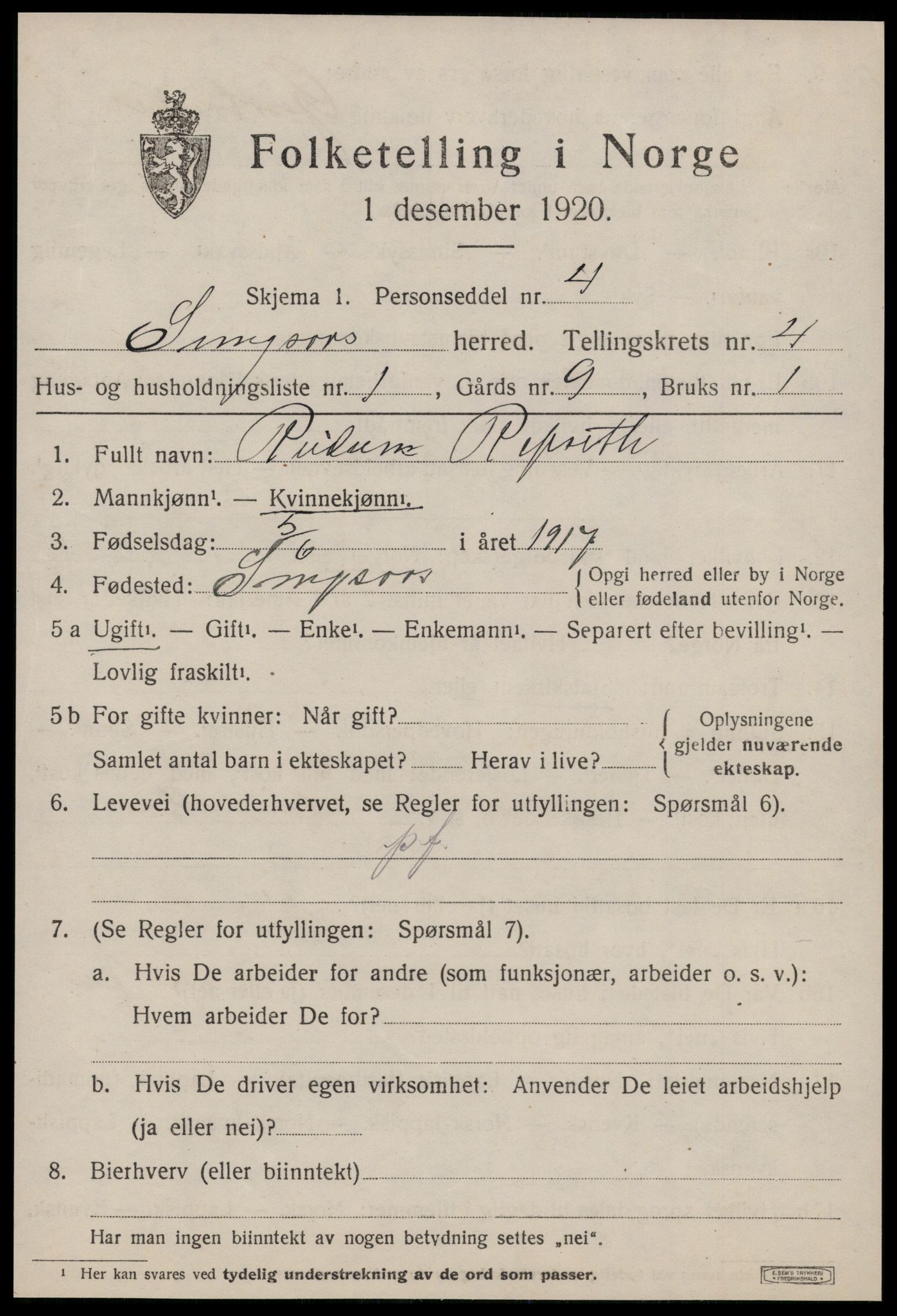 SAT, 1920 census for Singsås, 1920, p. 2123