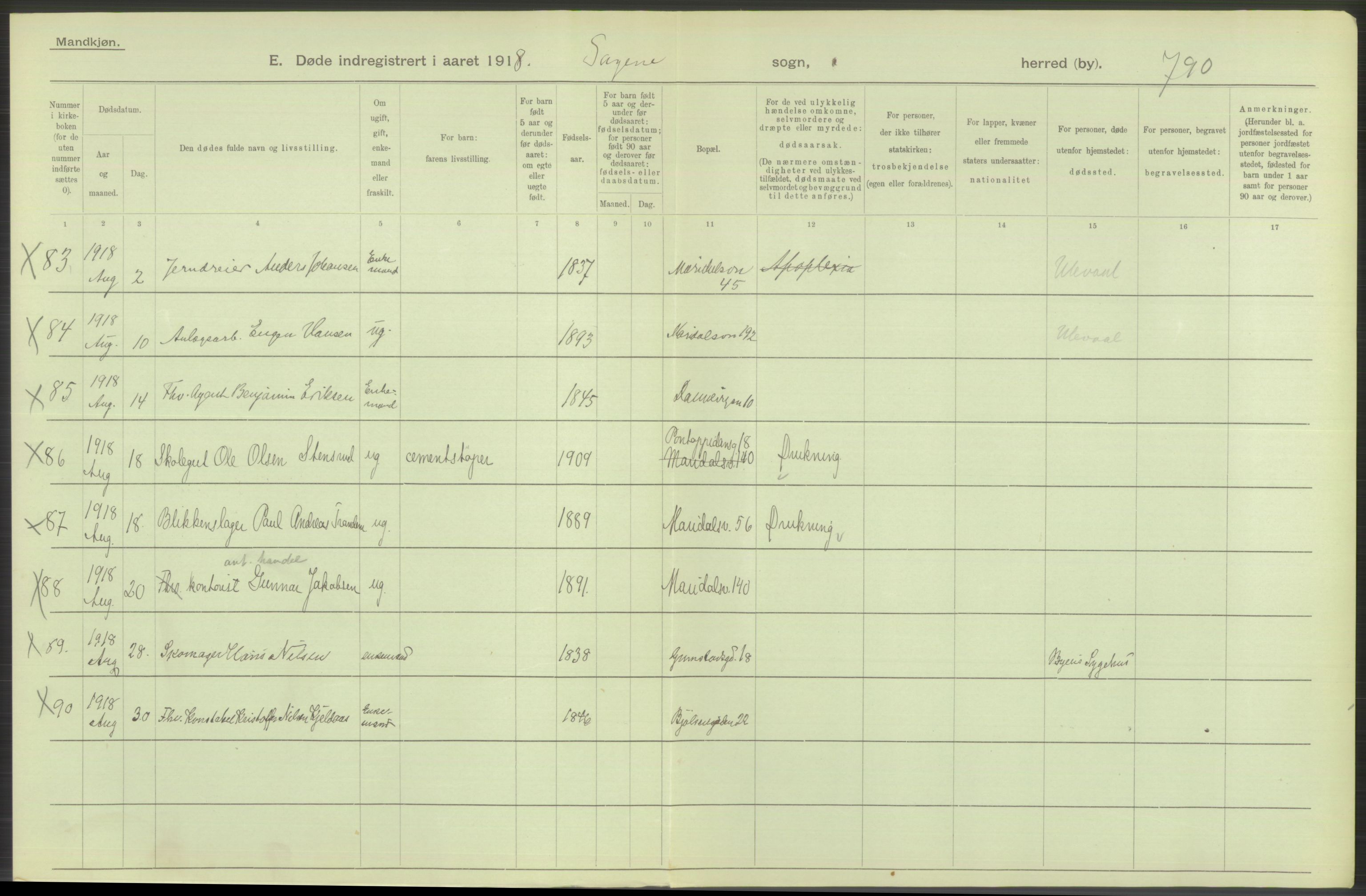 Statistisk sentralbyrå, Sosiodemografiske emner, Befolkning, AV/RA-S-2228/D/Df/Dfb/Dfbh/L0010: Kristiania: Døde, 1918, p. 500