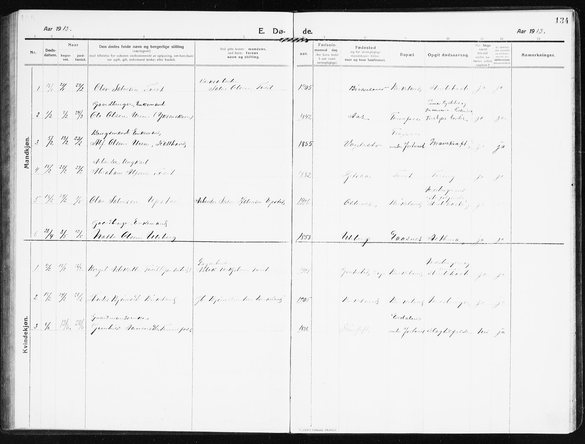 Evje sokneprestkontor, SAK/1111-0008/F/Fb/Fbb/L0003: Parish register (copy) no. B 3, 1910-1933, p. 134