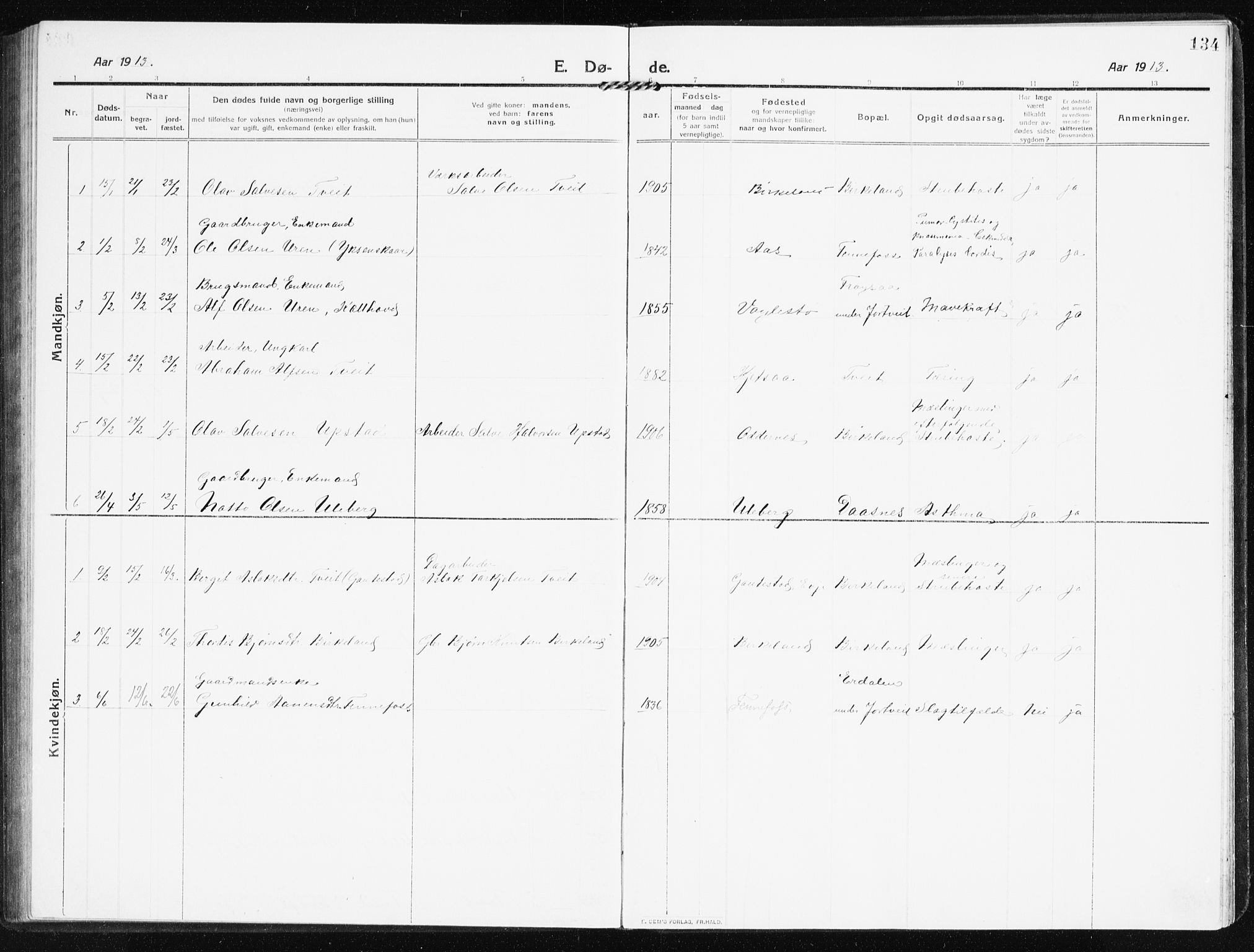 Evje sokneprestkontor, AV/SAK-1111-0008/F/Fb/Fbb/L0003: Parish register (copy) no. B 3, 1910-1933, p. 134