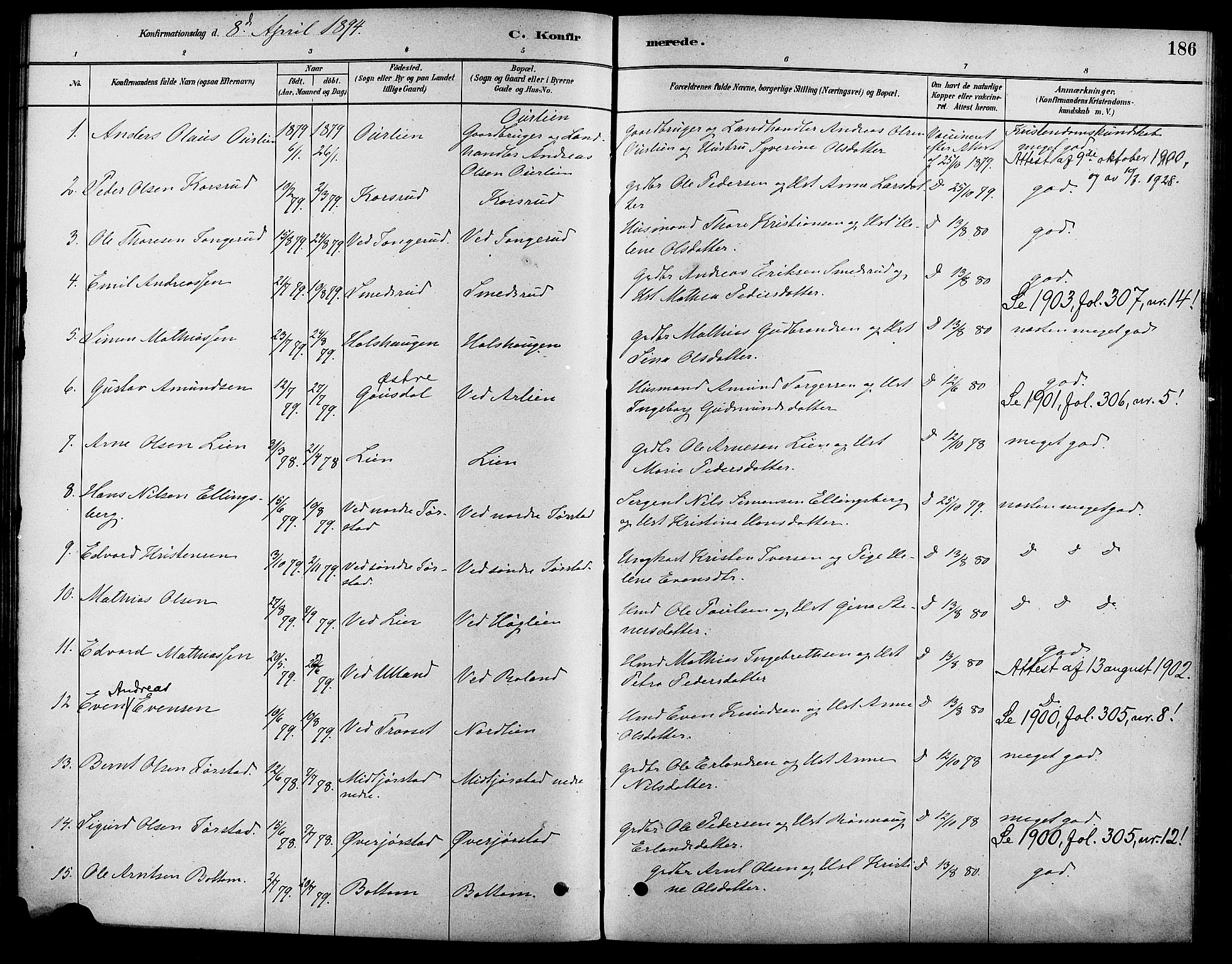 Fåberg prestekontor, SAH/PREST-086/H/Ha/Haa/L0008: Parish register (official) no. 8, 1879-1898, p. 186
