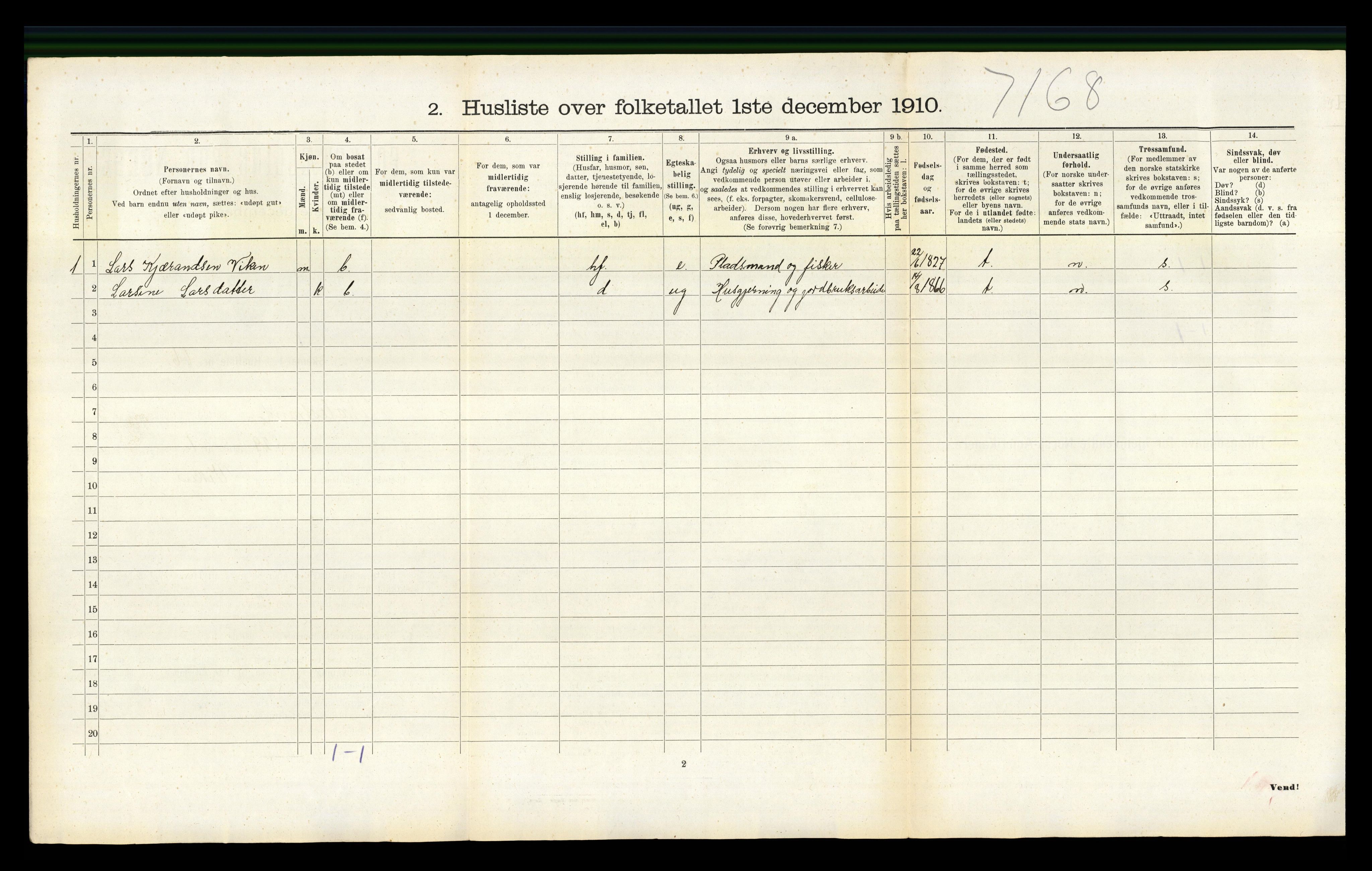 RA, 1910 census for Valestrand, 1910, p. 283