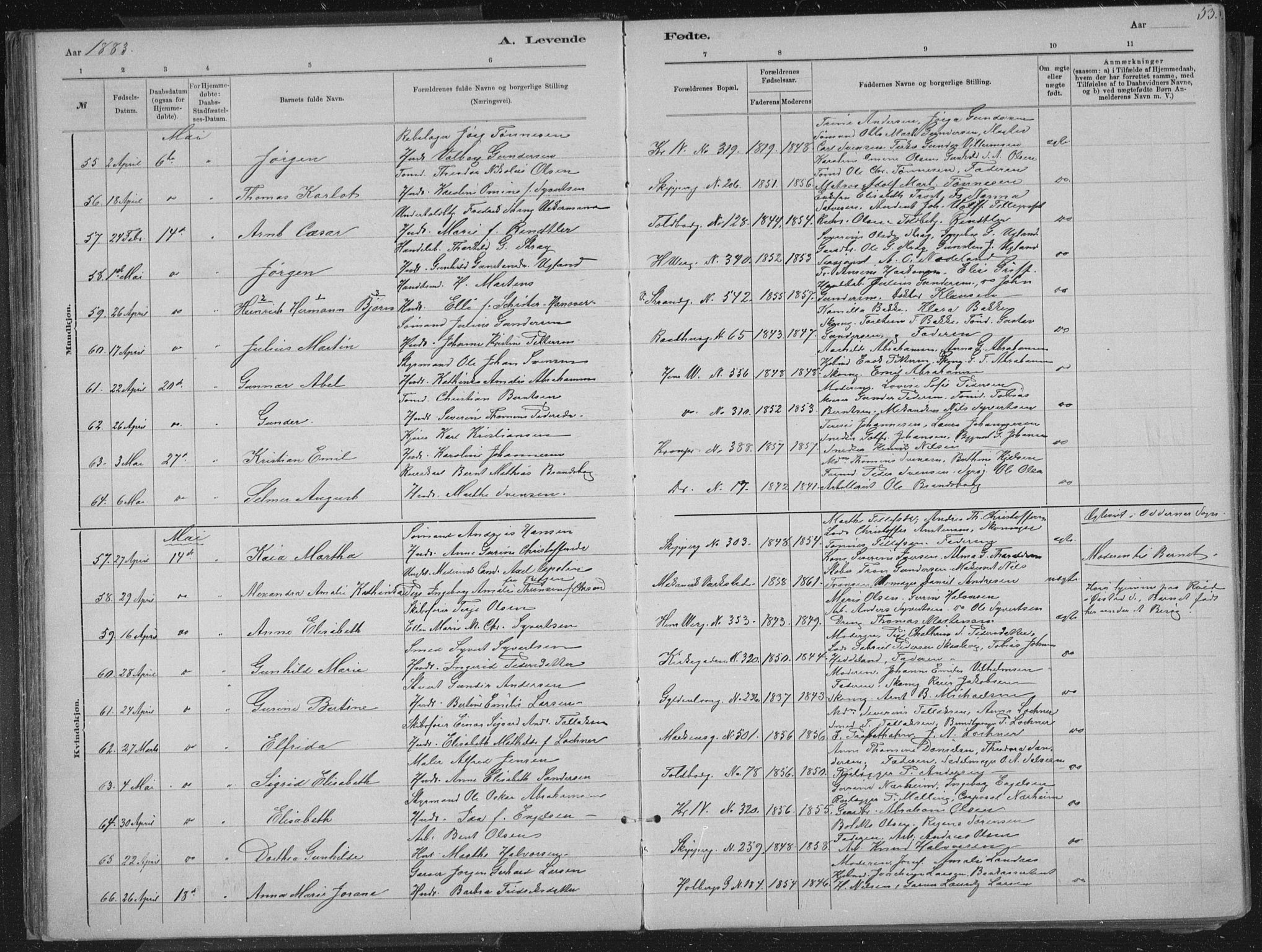 Kristiansand domprosti, SAK/1112-0006/F/Fb/L0014: Parish register (copy) no. B 14, 1881-1896, p. 53