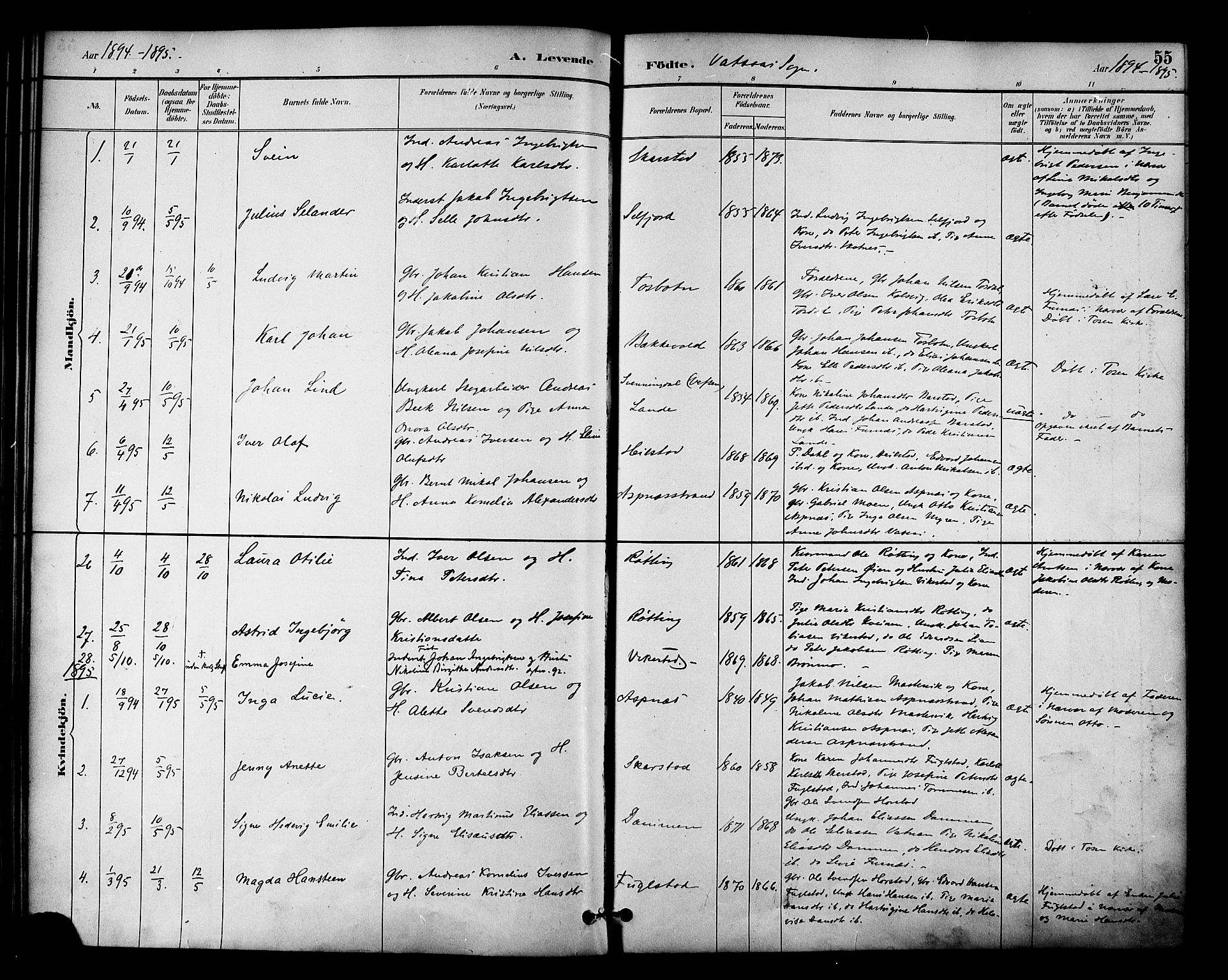 Ministerialprotokoller, klokkerbøker og fødselsregistre - Nordland, AV/SAT-A-1459/810/L0150: Parish register (official) no. 810A10 /1, 1884-1895, p. 55