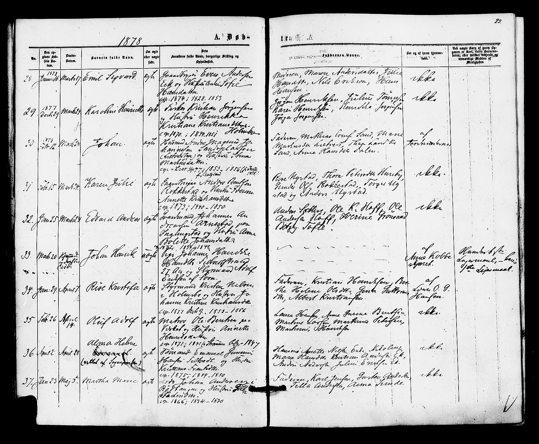 Hurum kirkebøker, AV/SAKO-A-229/F/Fa/L0013: Parish register (official) no. 13, 1876-1881, p. 22