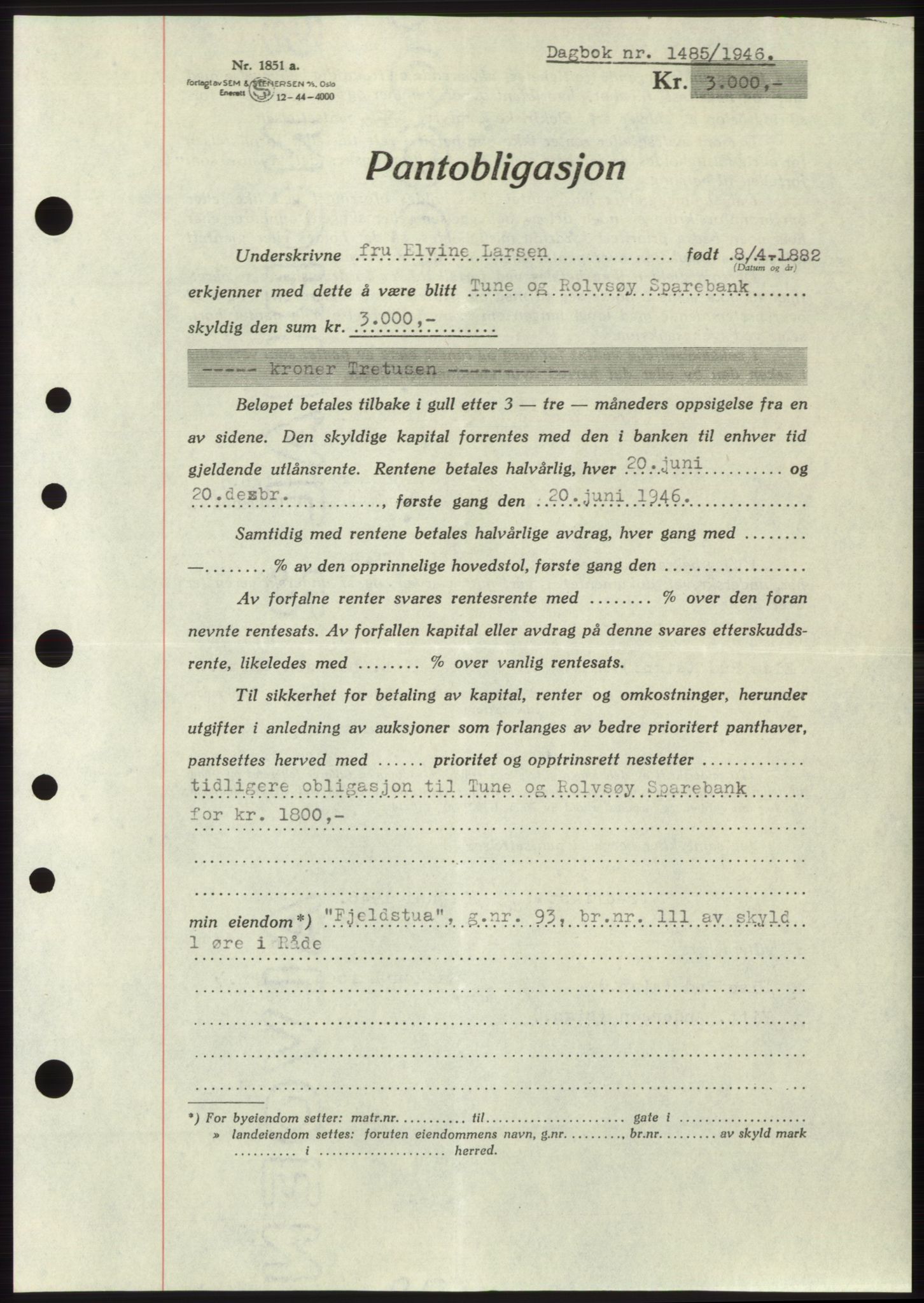 Moss sorenskriveri, AV/SAO-A-10168: Mortgage book no. B15, 1946-1946, Diary no: : 1485/1946