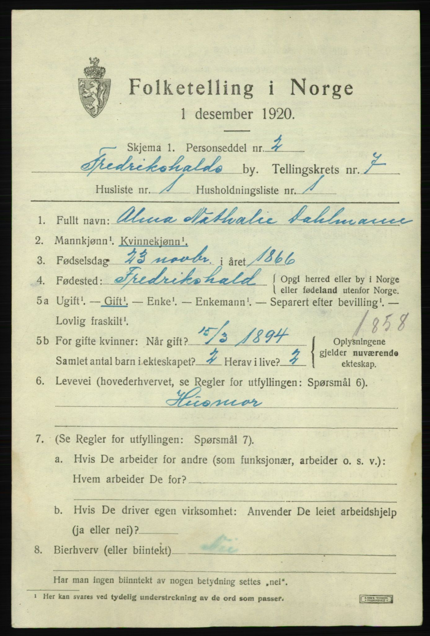 SAO, 1920 census for Fredrikshald, 1920, p. 13787