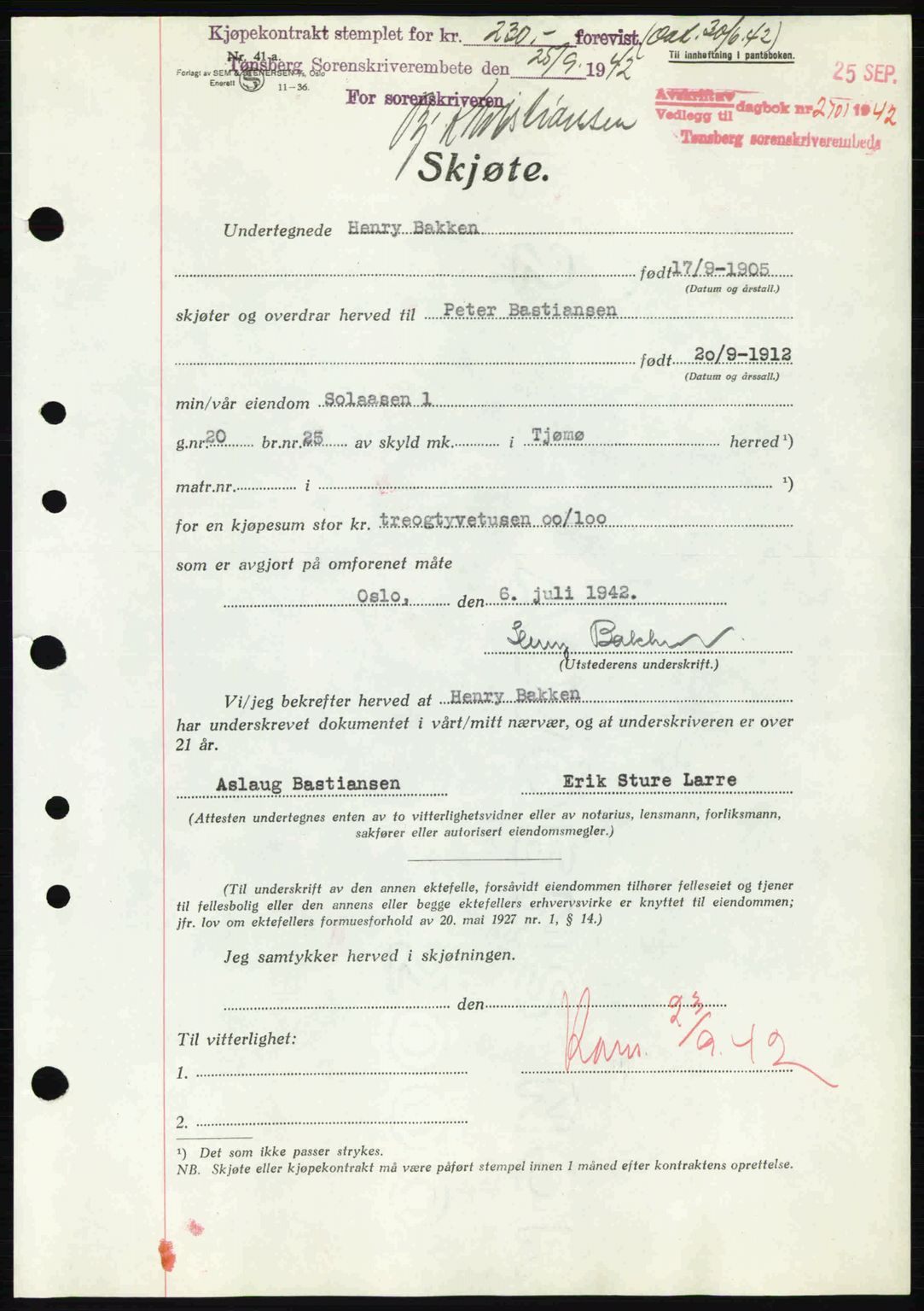 Tønsberg sorenskriveri, AV/SAKO-A-130/G/Ga/Gaa/L0012: Mortgage book no. A12, 1942-1943, Diary no: : 2701/1942