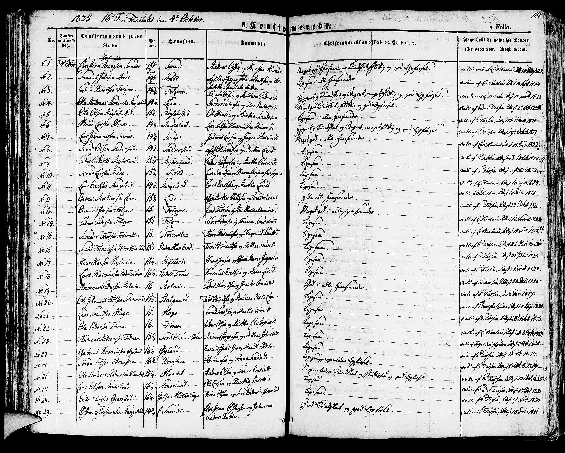 Høyland sokneprestkontor, SAST/A-101799/001/30BA/L0007: Parish register (official) no. A 7 /1, 1825-1841, p. 167