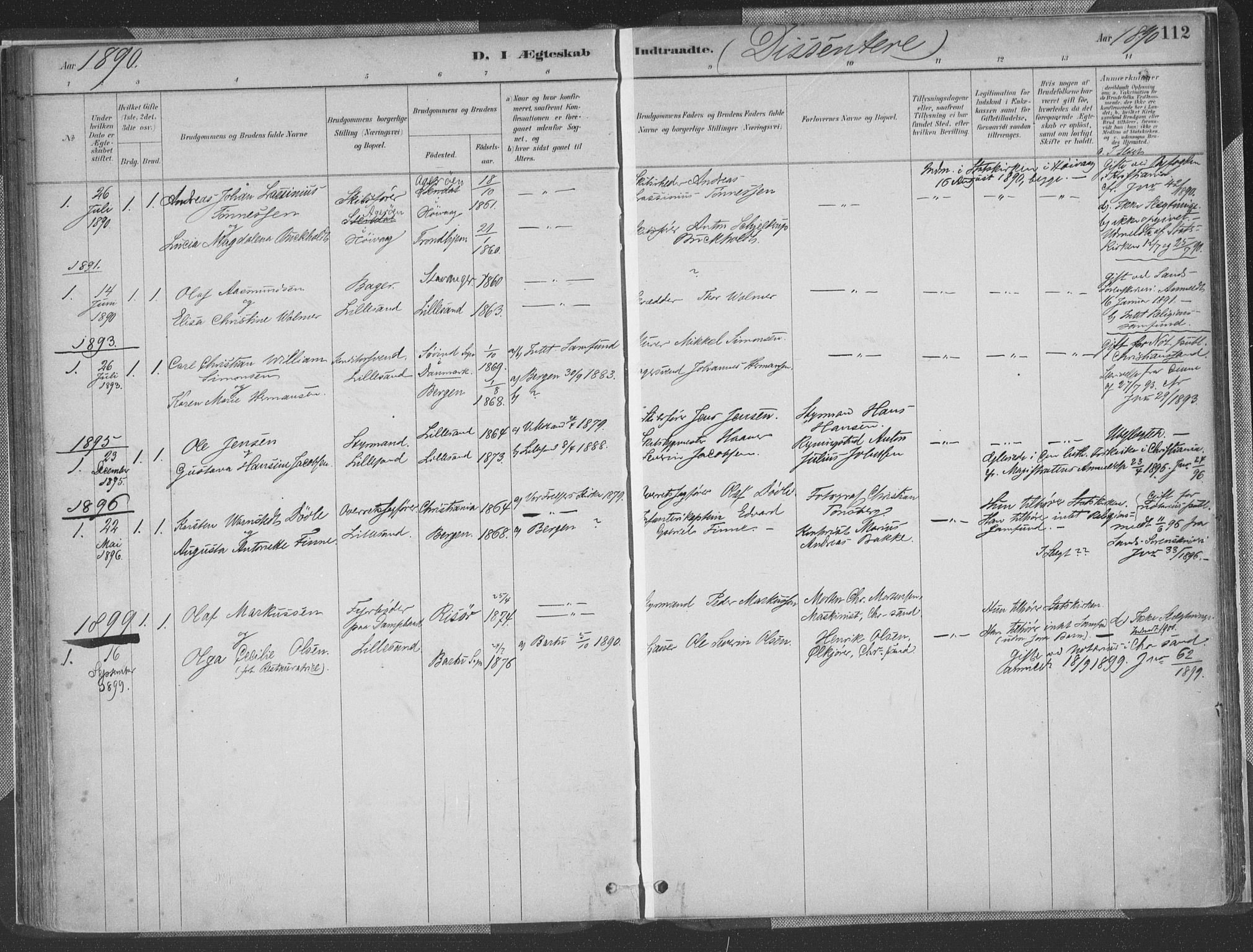 Vestre Moland sokneprestkontor, SAK/1111-0046/F/Fa/Faa/L0001: Parish register (official) no. A 1, 1884-1899, p. 112