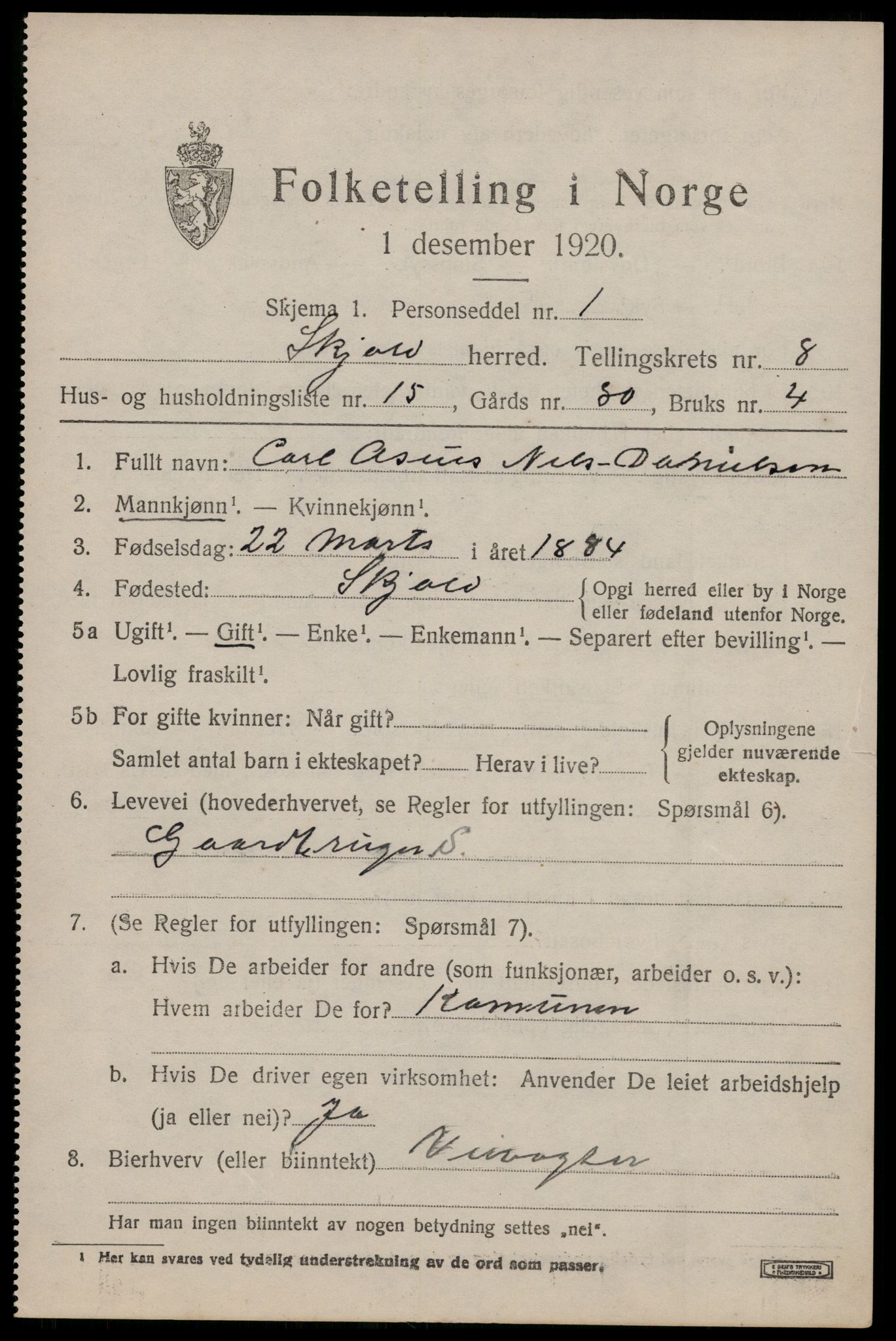 SAST, 1920 census for Skjold, 1920, p. 4326