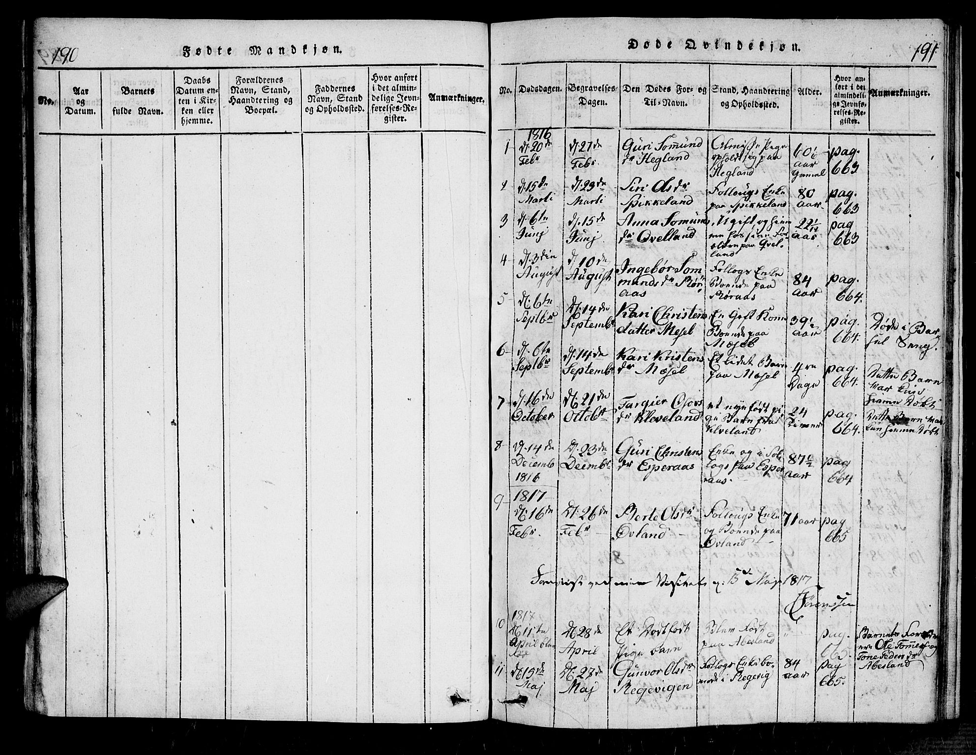 Bjelland sokneprestkontor, SAK/1111-0005/F/Fa/Fab/L0002: Parish register (official) no. A 2, 1816-1869, p. 190-191