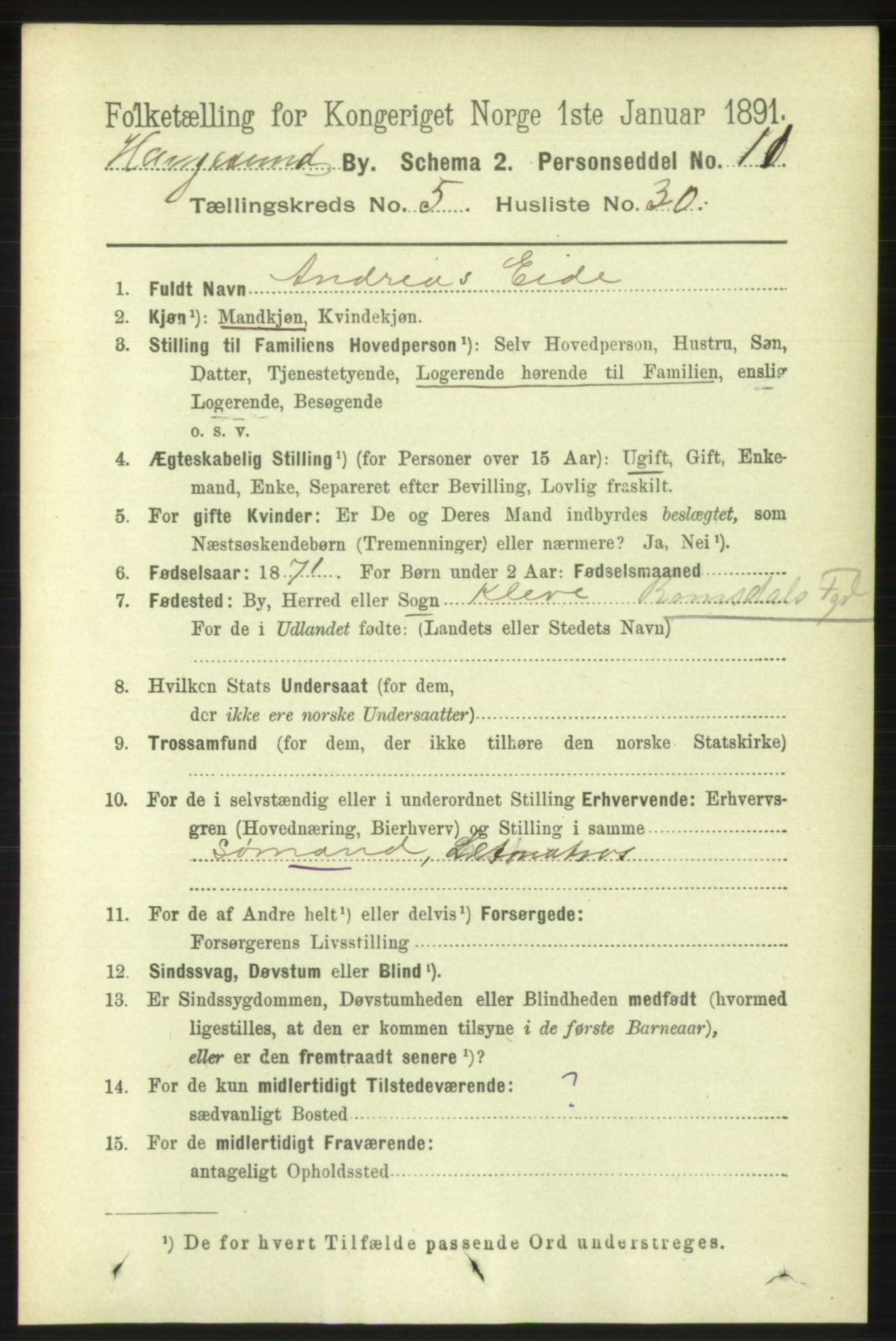 RA, 1891 census for 1106 Haugesund, 1891, p. 2543